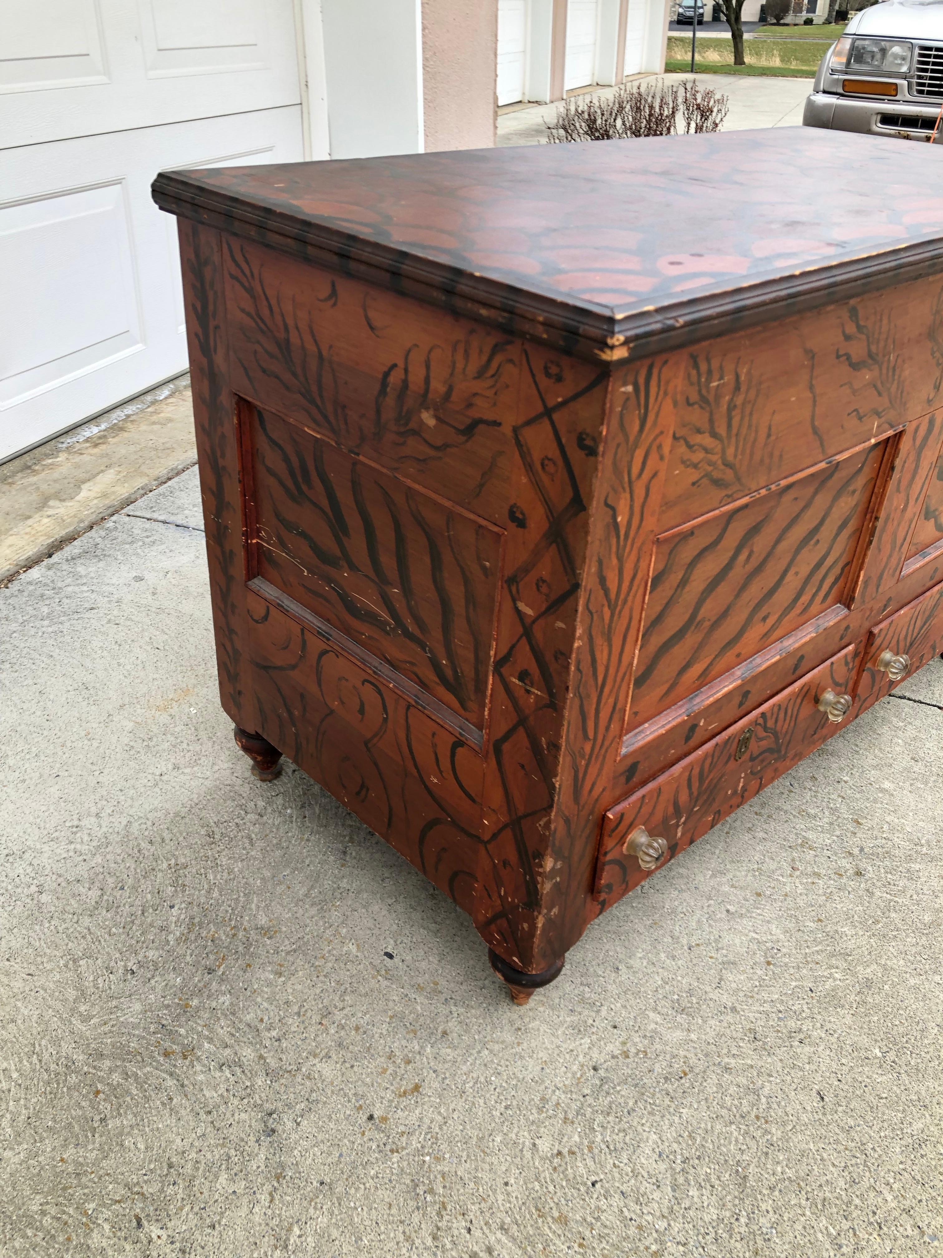 Mid-19th Century Paint-Decorated Blanket Chest Unusual Free Hand-Painted, Oley Pennsylvania For Sale