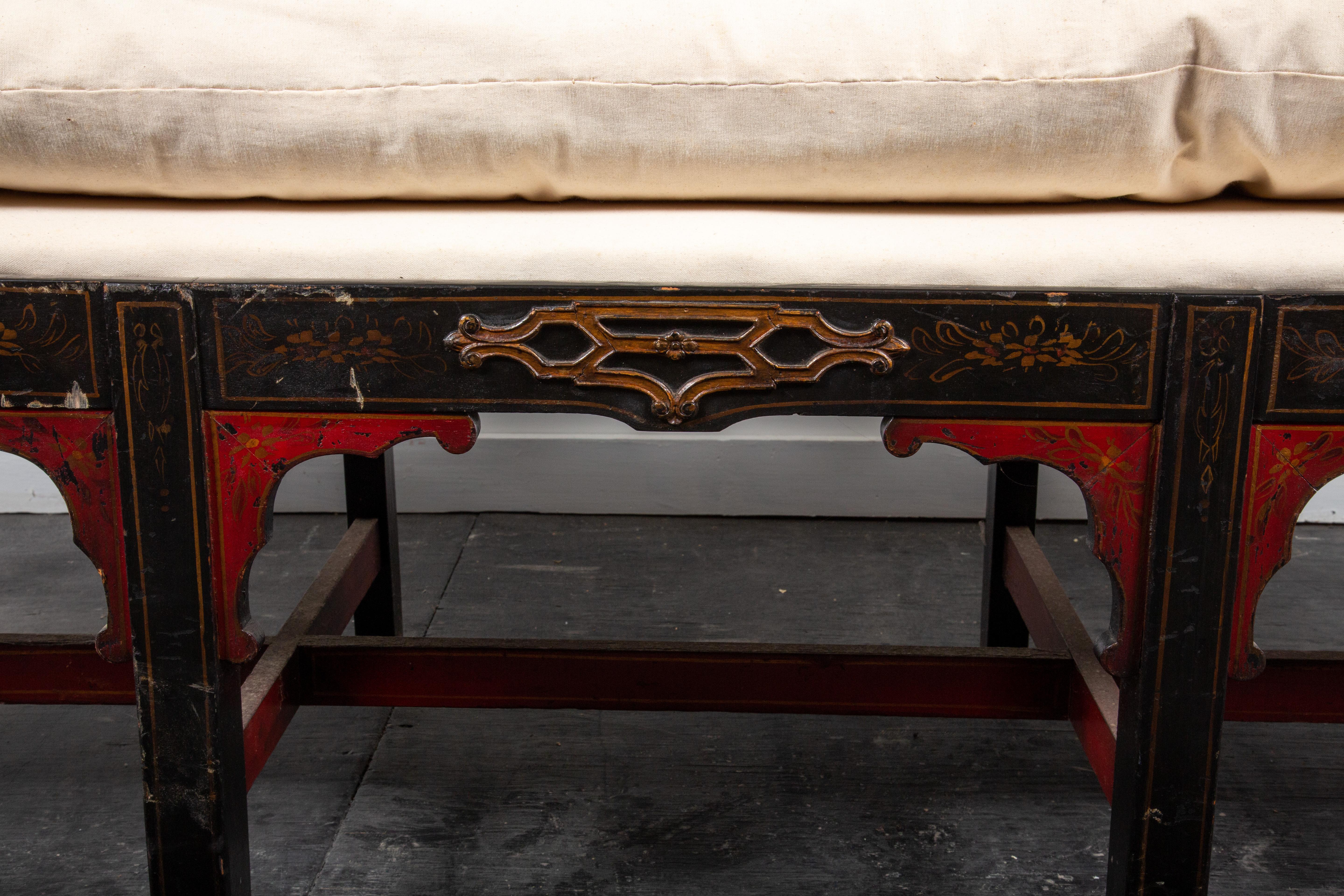 British Paint Decorated Chinese Chippendale Bench, 1930 For Sale