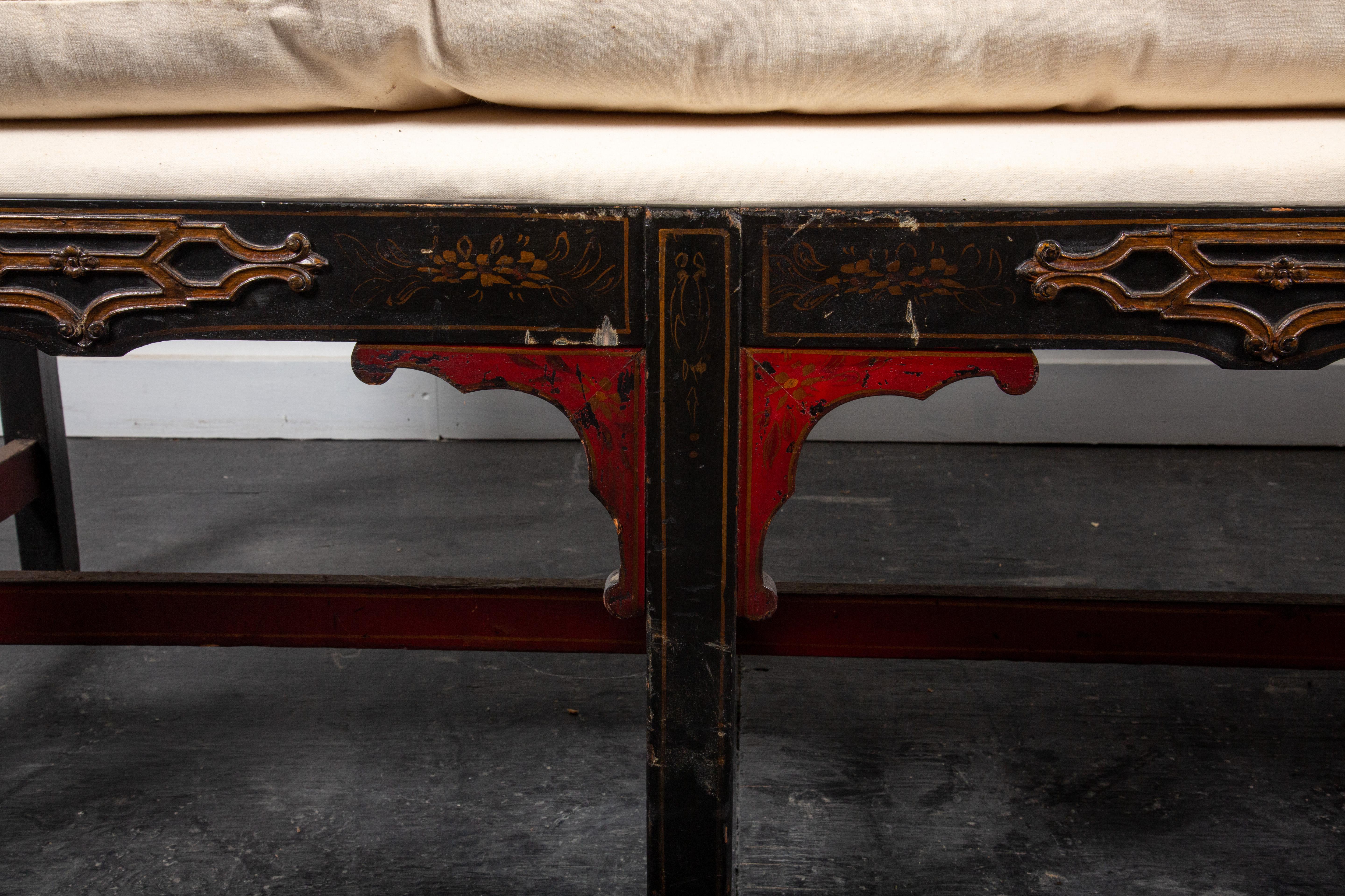 Painted Paint Decorated Chinese Chippendale Bench, 1930 For Sale