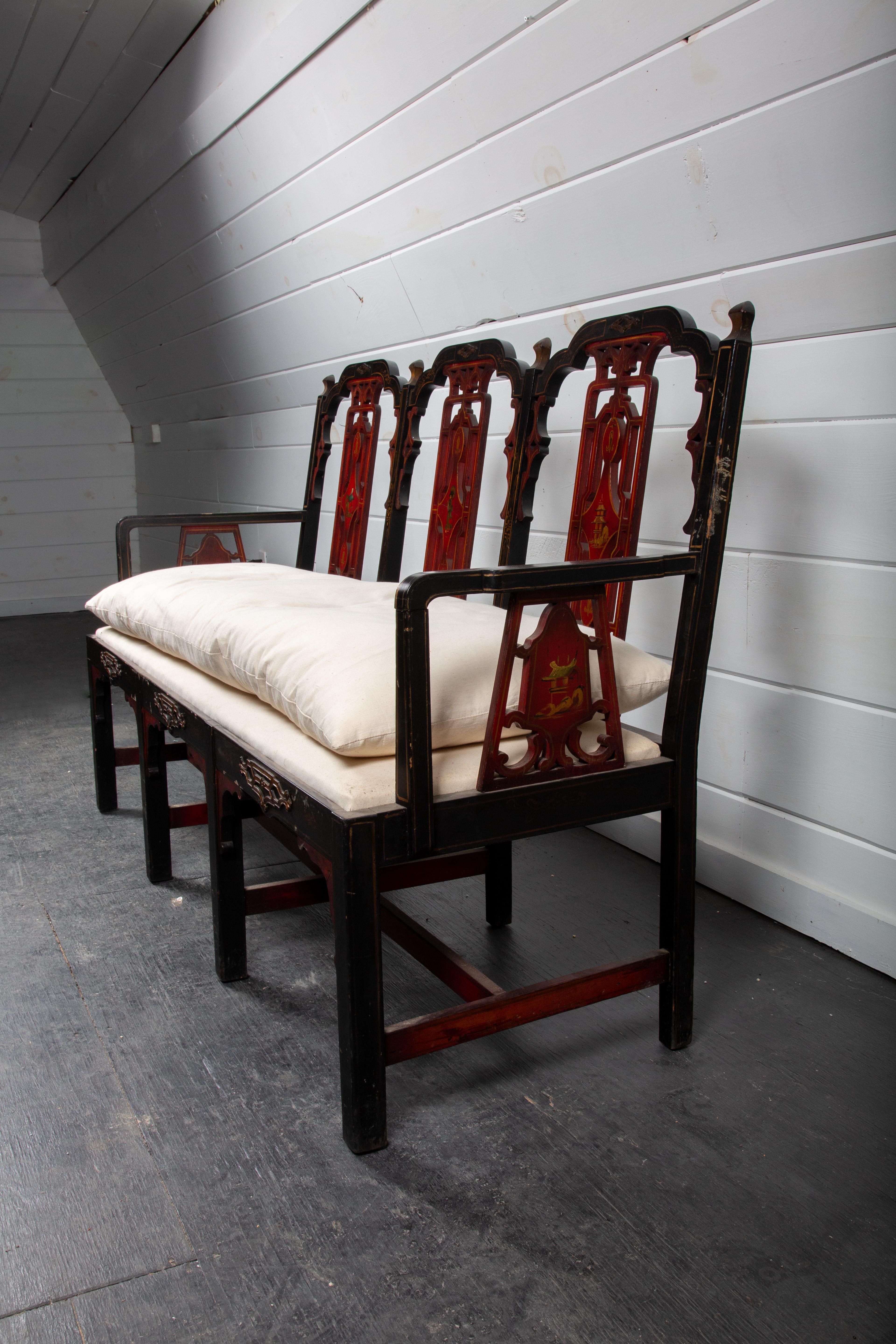 20th Century Paint Decorated Chinese Chippendale Bench, 1930 For Sale
