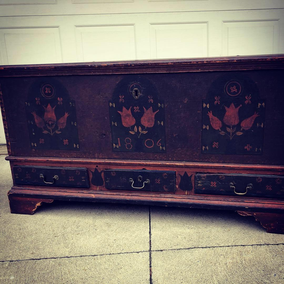 Description Dauphin County, Pennsylvania
Inscribed: Markreda Conradin, 1804
Poplar, polychrome paint; pine secondary
Condition: Restoration to feet., otherwise all other paint decoration is in excellent condition. Original hardware.
The chest is