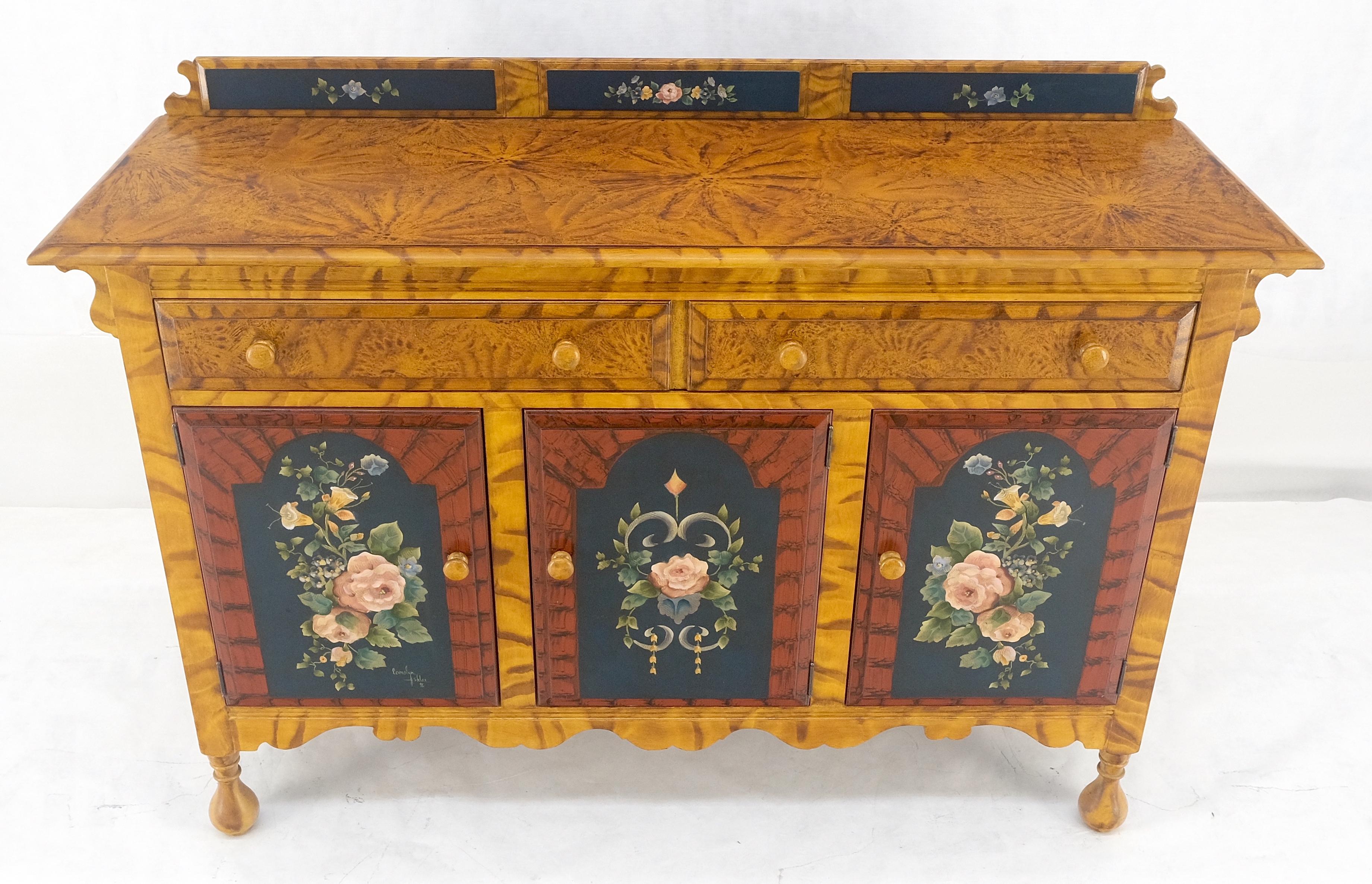 Hand-Painted Paint Decorated Faux Finish Backsplash 3 Doors 1 Drawer Sideboards Onion Legs For Sale