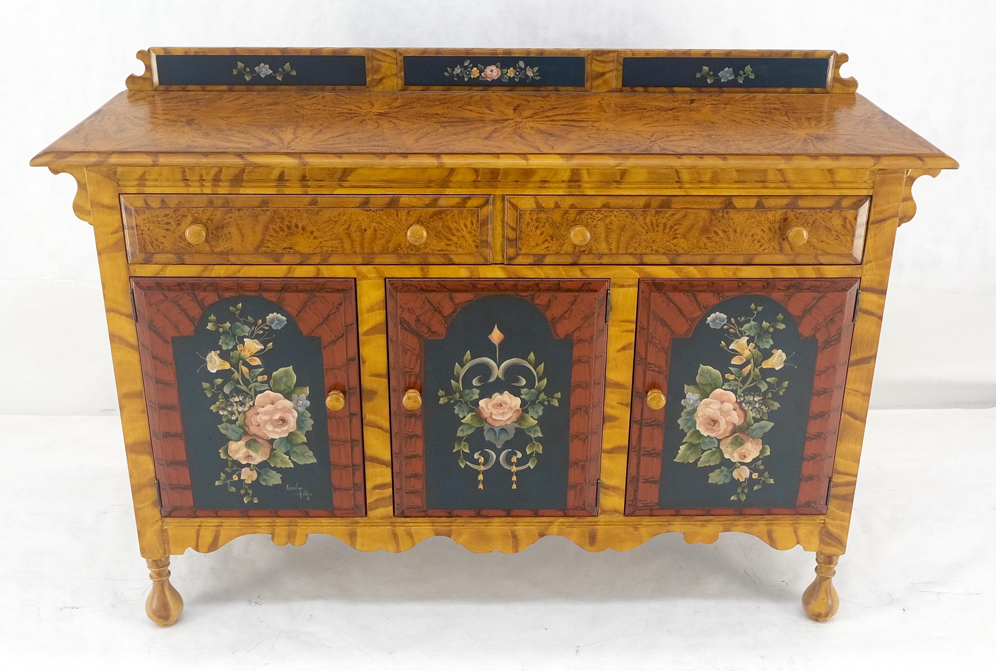 Paint Decorated Faux Finish Backsplash 3 Doors 1 Drawer Sideboards Onion Legs In Excellent Condition For Sale In Rockaway, NJ