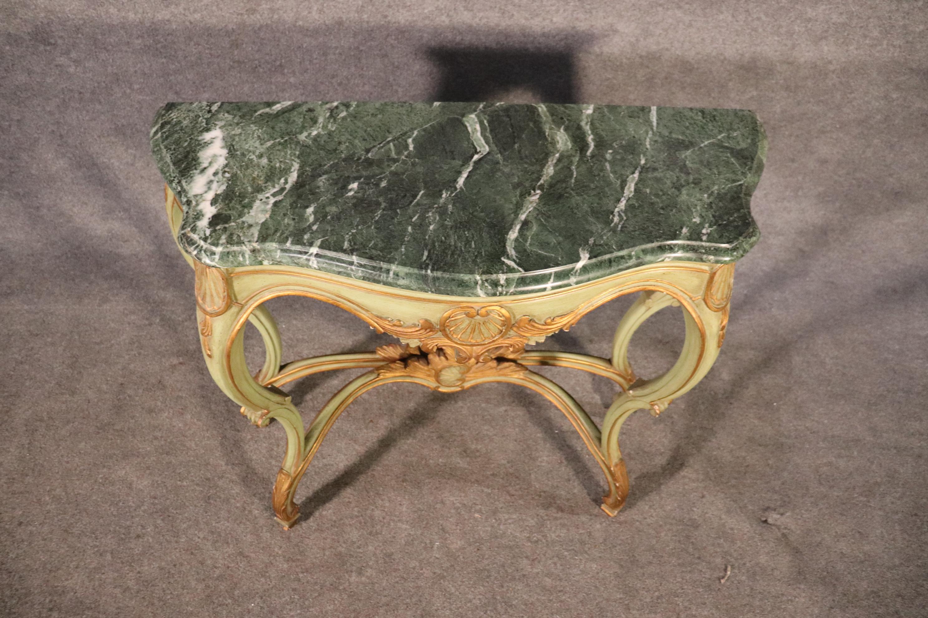 Paint Decorated French Louis XV Verdi Green Marble Top Console Table, C1950 4