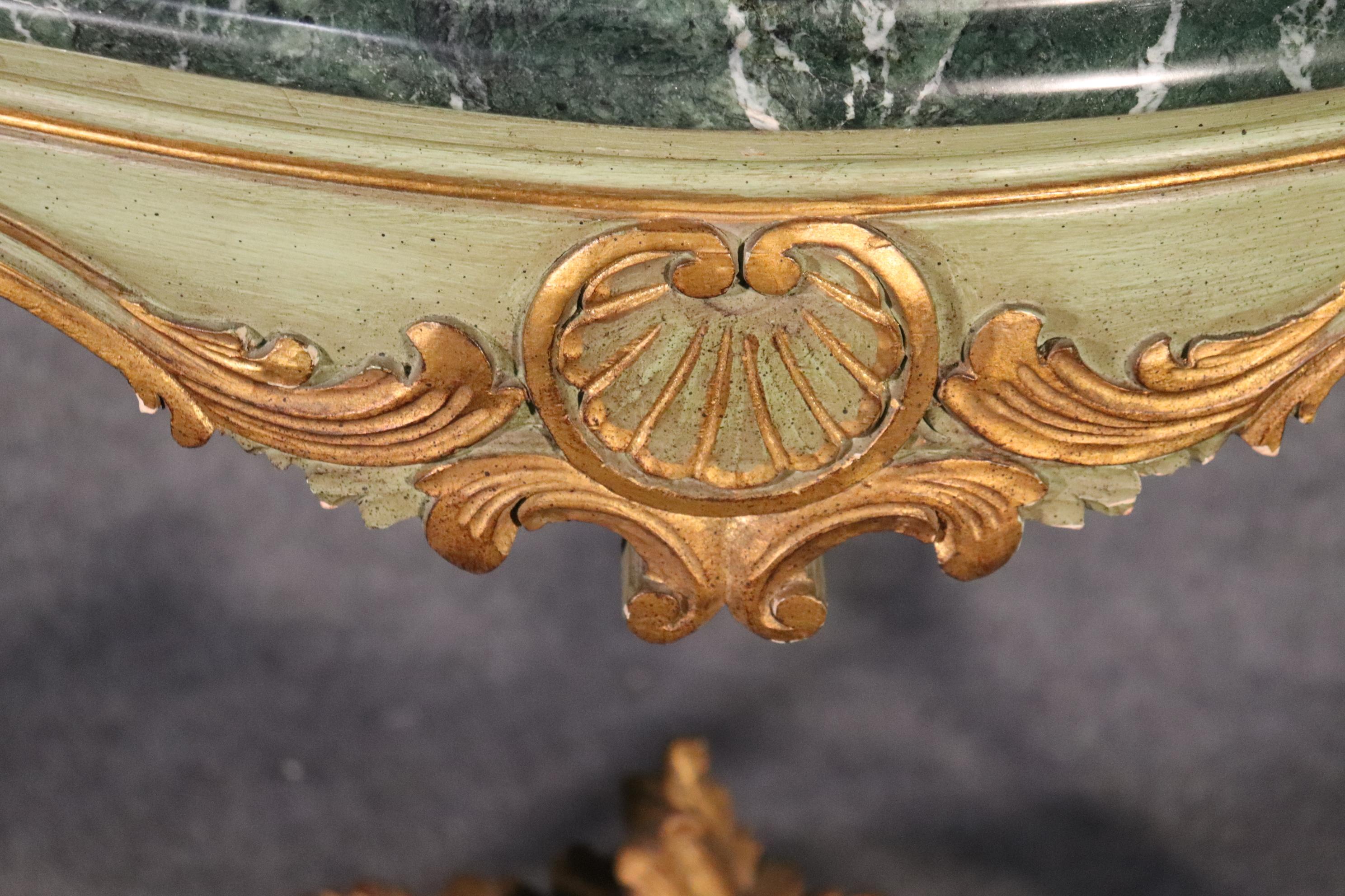 Paint Decorated French Louis XV Verdi Green Marble Top Console Table, C1950 In Good Condition In Swedesboro, NJ