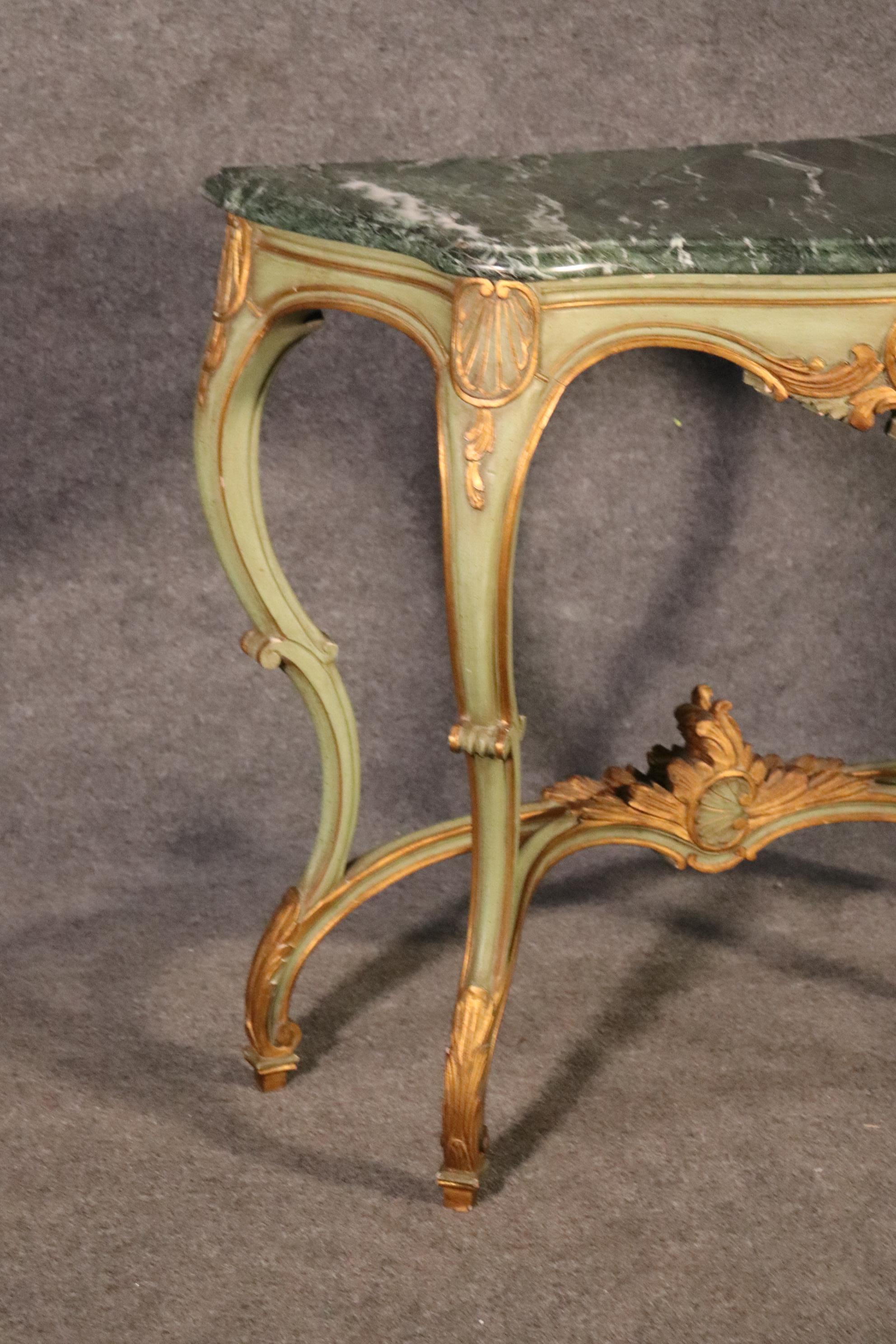 Mid-20th Century Paint Decorated French Louis XV Verdi Green Marble Top Console Table, C1950