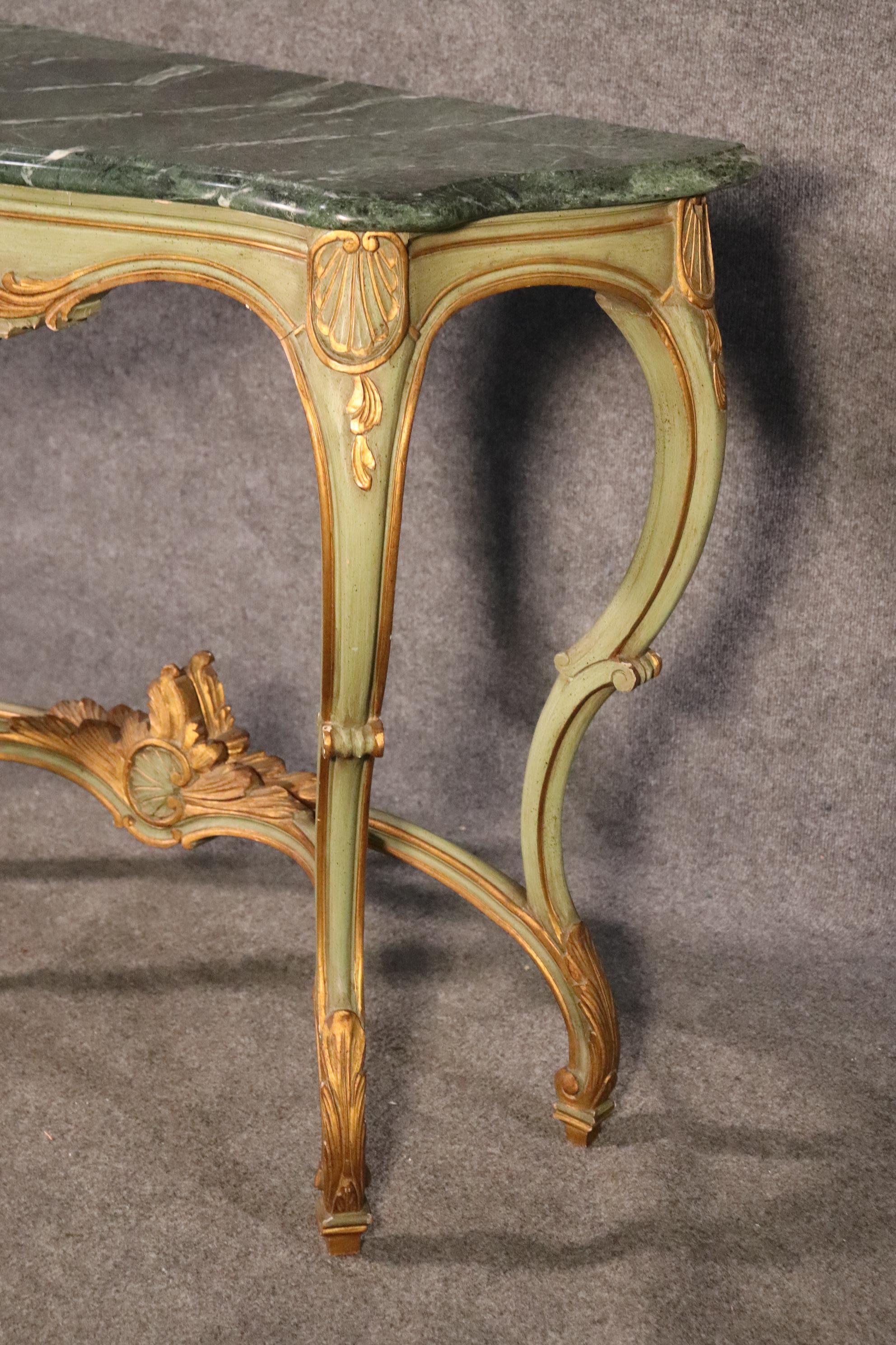 Walnut Paint Decorated French Louis XV Verdi Green Marble Top Console Table, C1950
