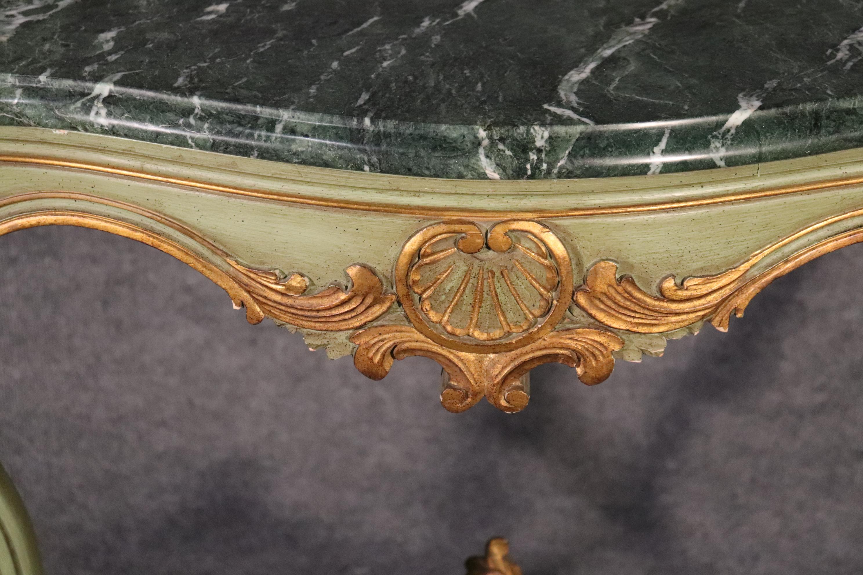 Paint Decorated French Louis XV Verdi Green Marble Top Console Table, C1950 2