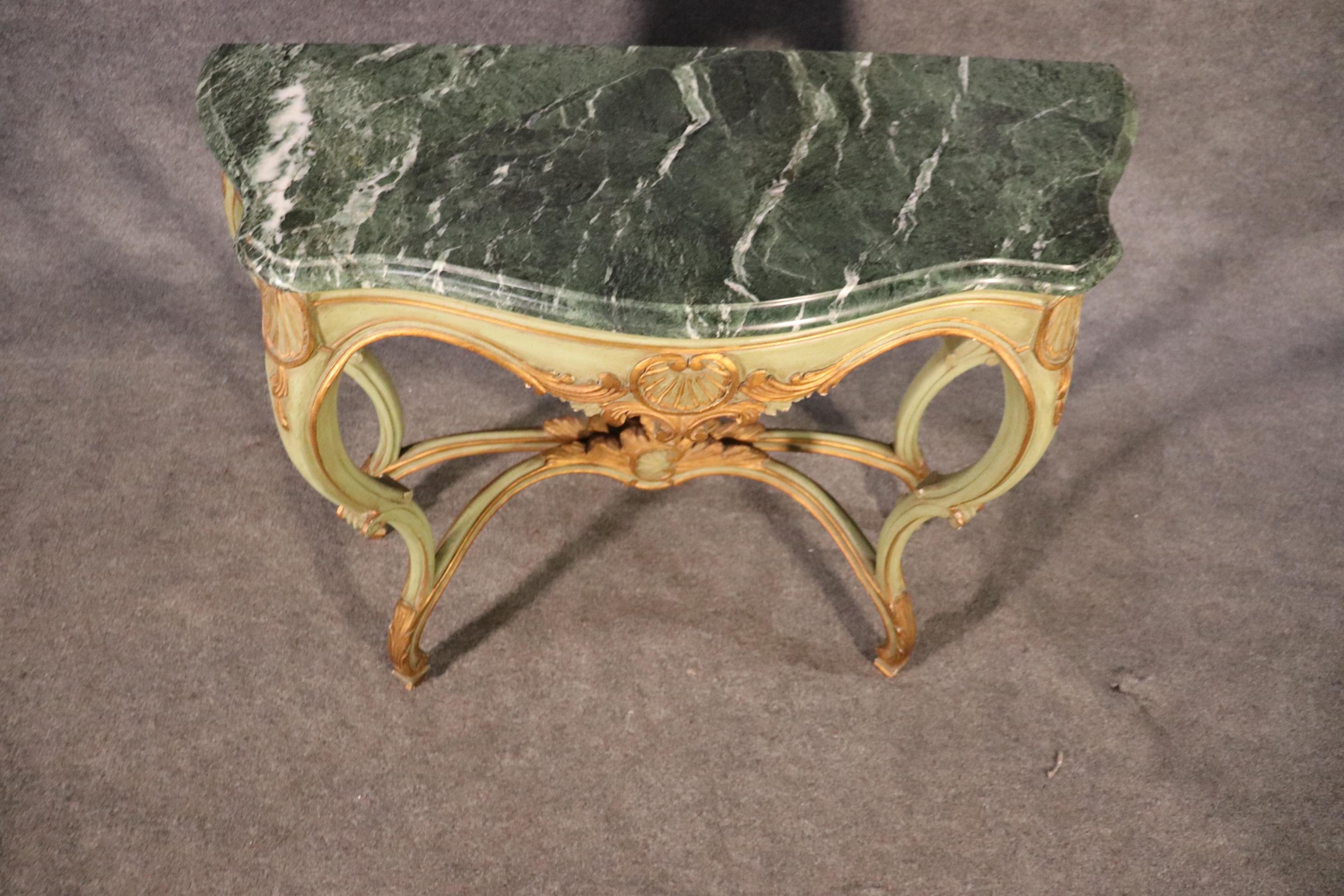 Paint Decorated French Louis XV Verdi Green Marble Top Console Table, C1950 3