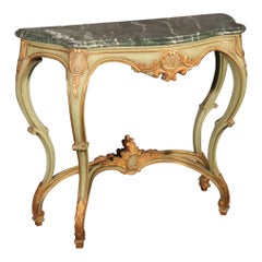 Paint Decorated French Louis XV Verdi Green Marble Top Console Table, C1950