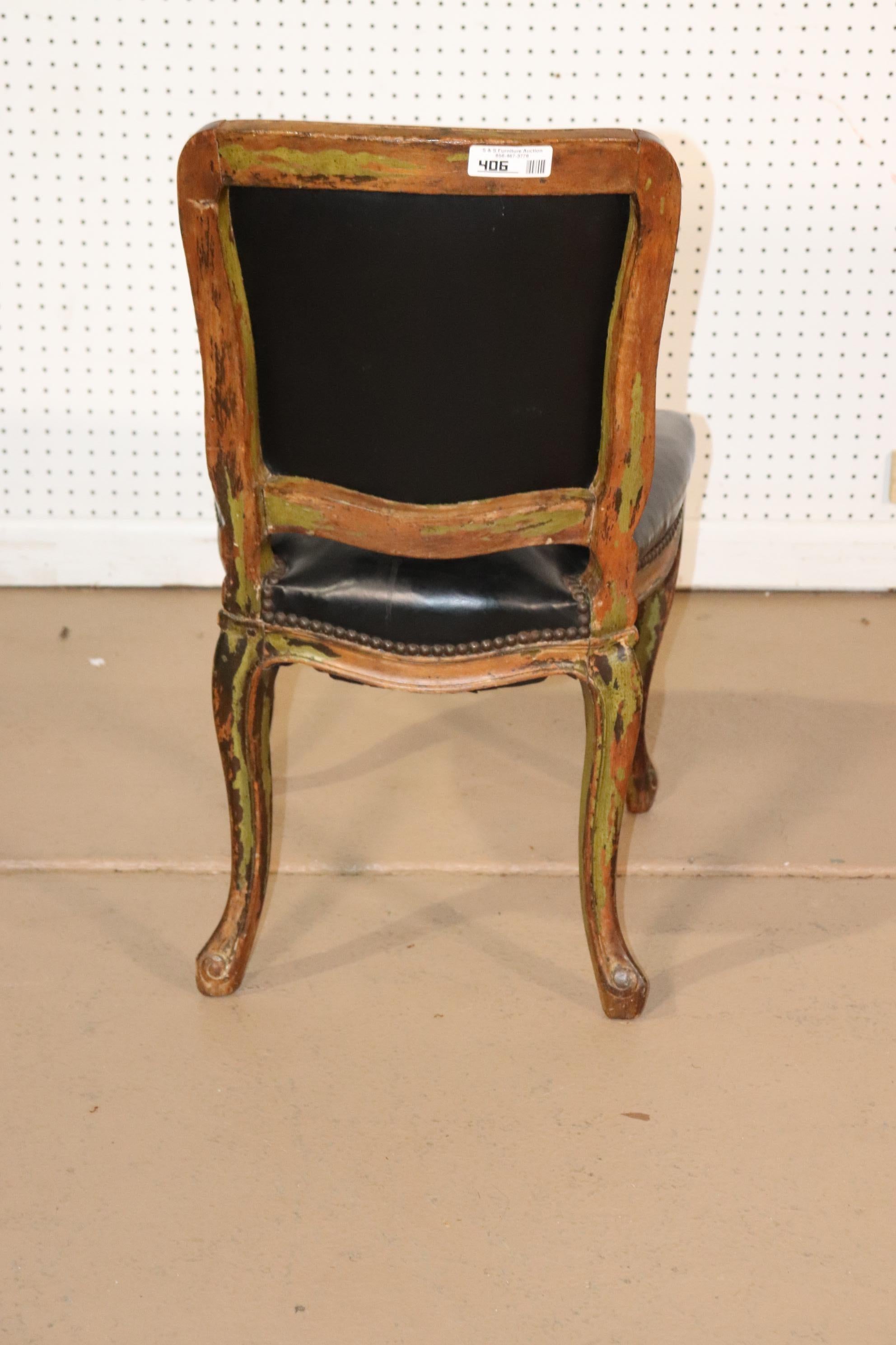 Walnut Paint Decorated French Louis XVI Leather Vanity or Desk Chair, Circa 1920