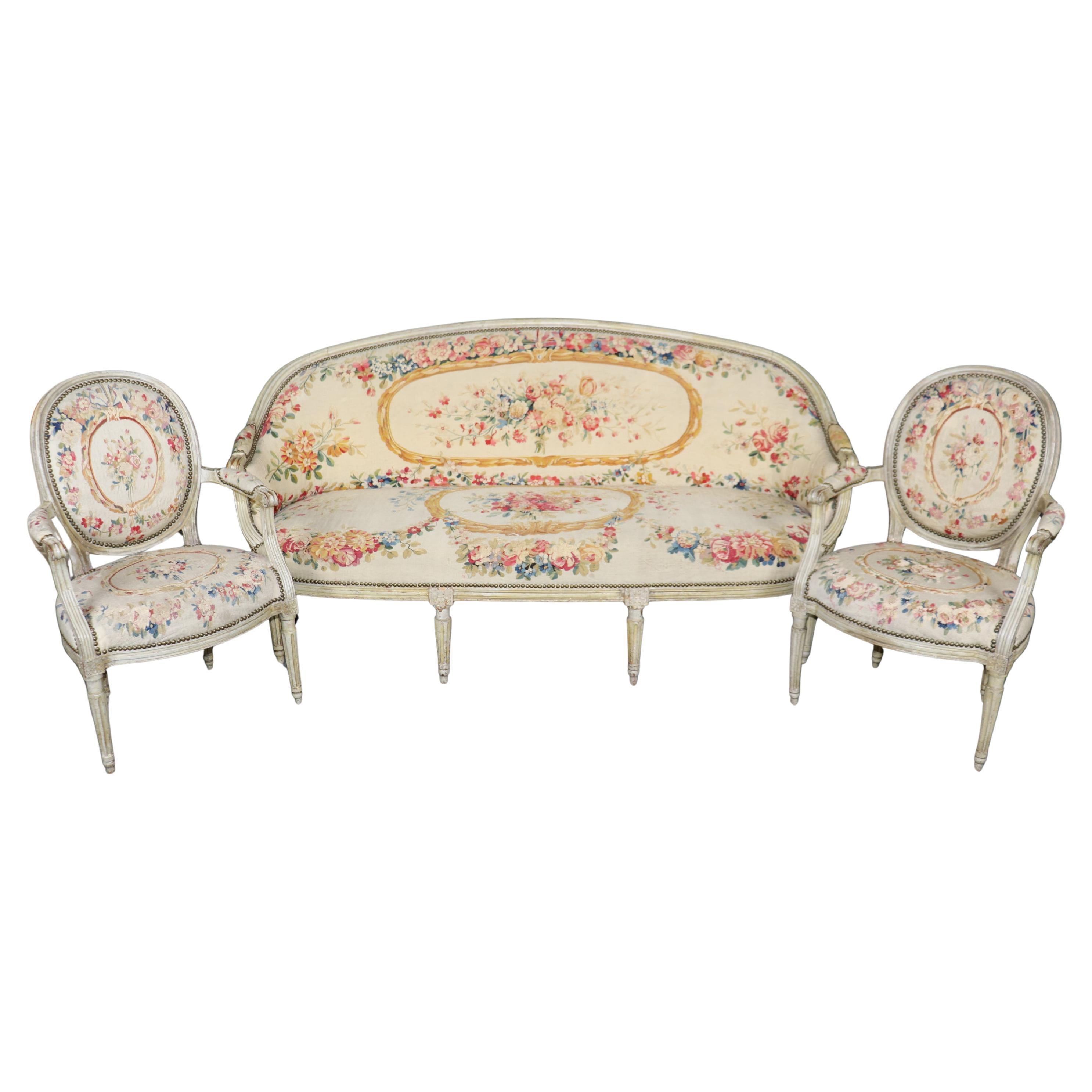 Paint Decorated French Louis XVI Tapestry Upholstered French Salon Set For Sale