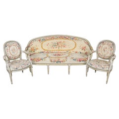 Paint Decorated French Louis XVI Tapestry Upholstered French Salon Set