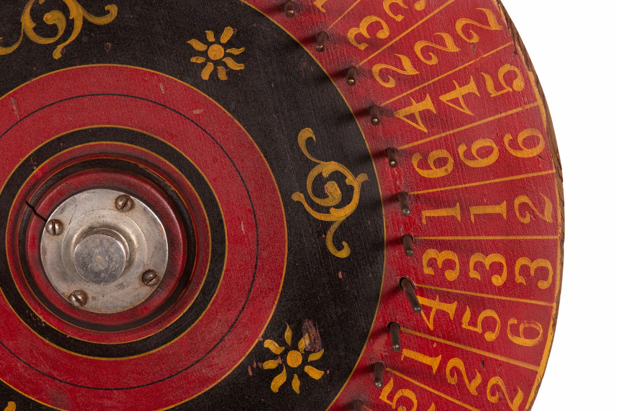 Paint-Decorated Game Wheel in Scarlet Red, Chrome Yellow and Black, Ca 1880 In Good Condition For Sale In York County, PA