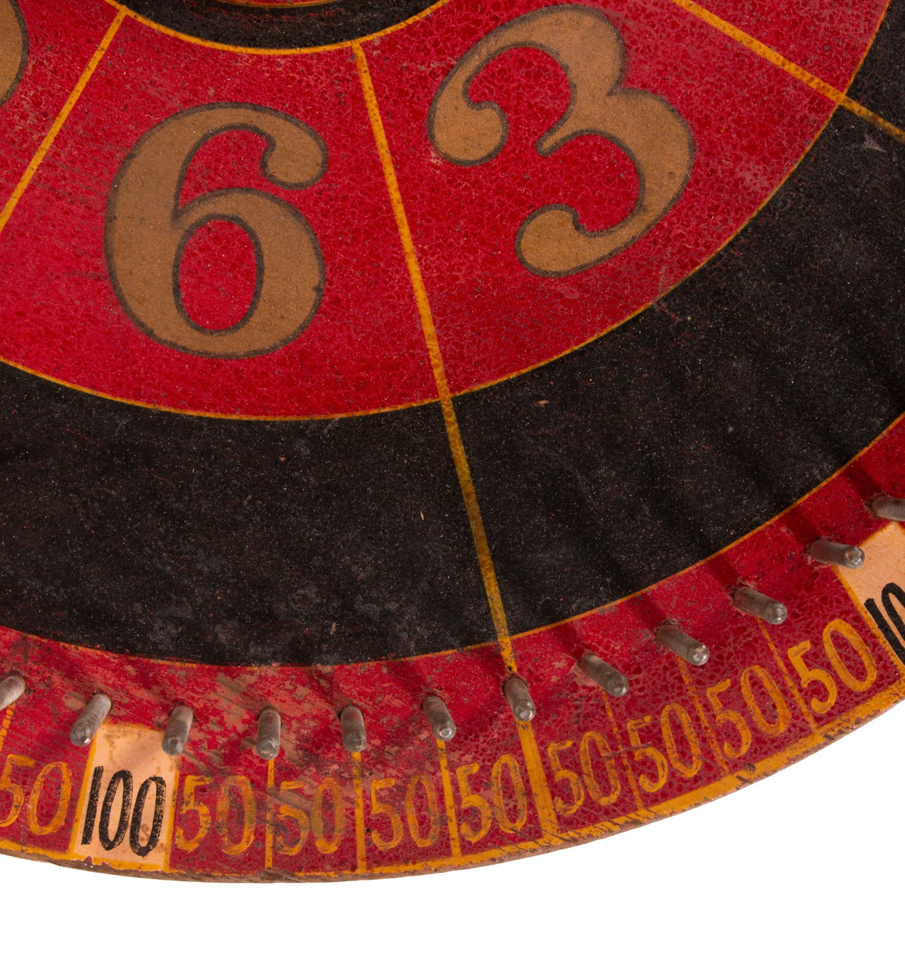 Late 19th Century Paint-Decorated Game Wheel in Scarlet Red, Chrome Yellow and Black, Ca 1880 For Sale