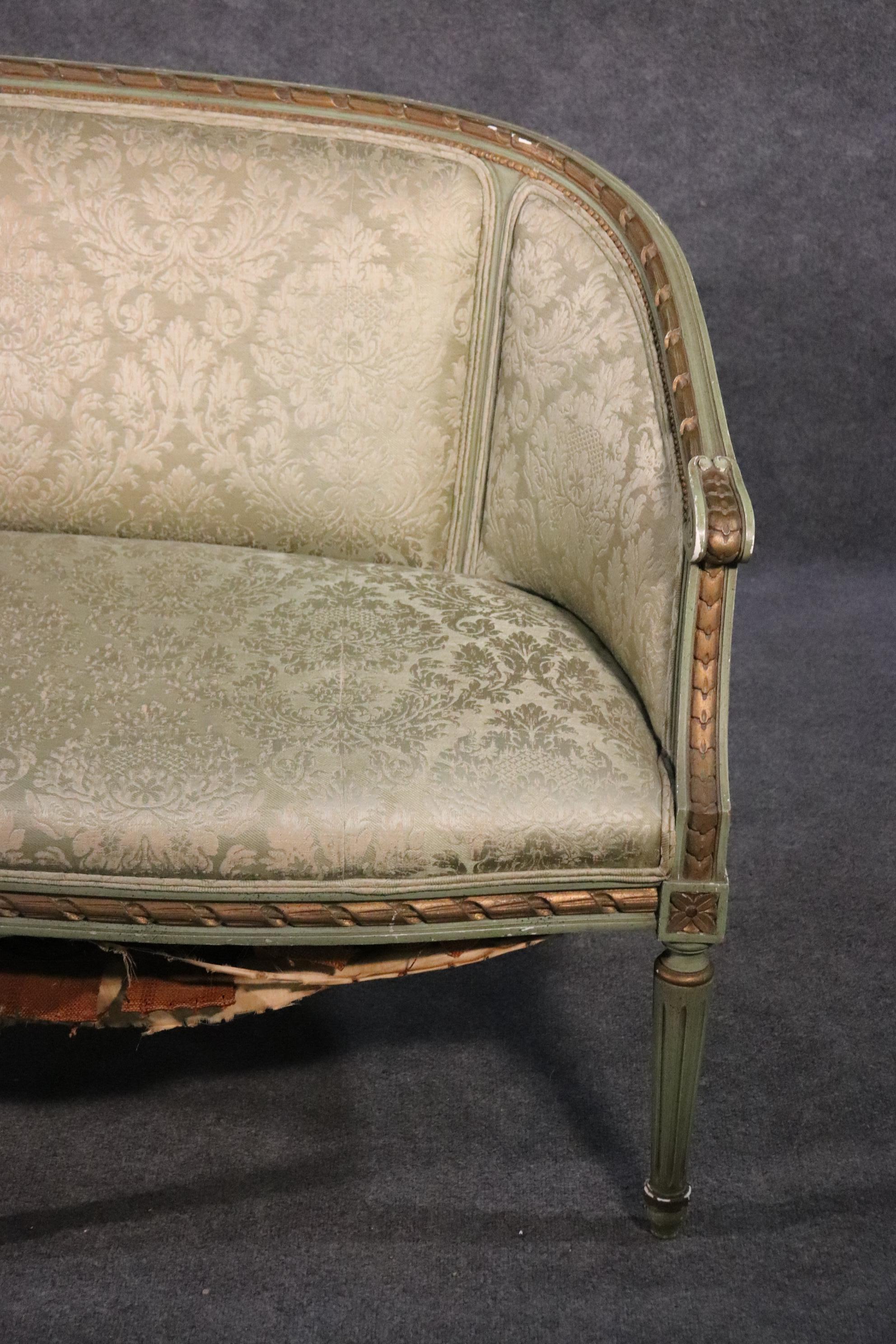 Walnut Paint Decorated Gilded French Louis XVI Style Settee Canape Sofa, Circa 1950