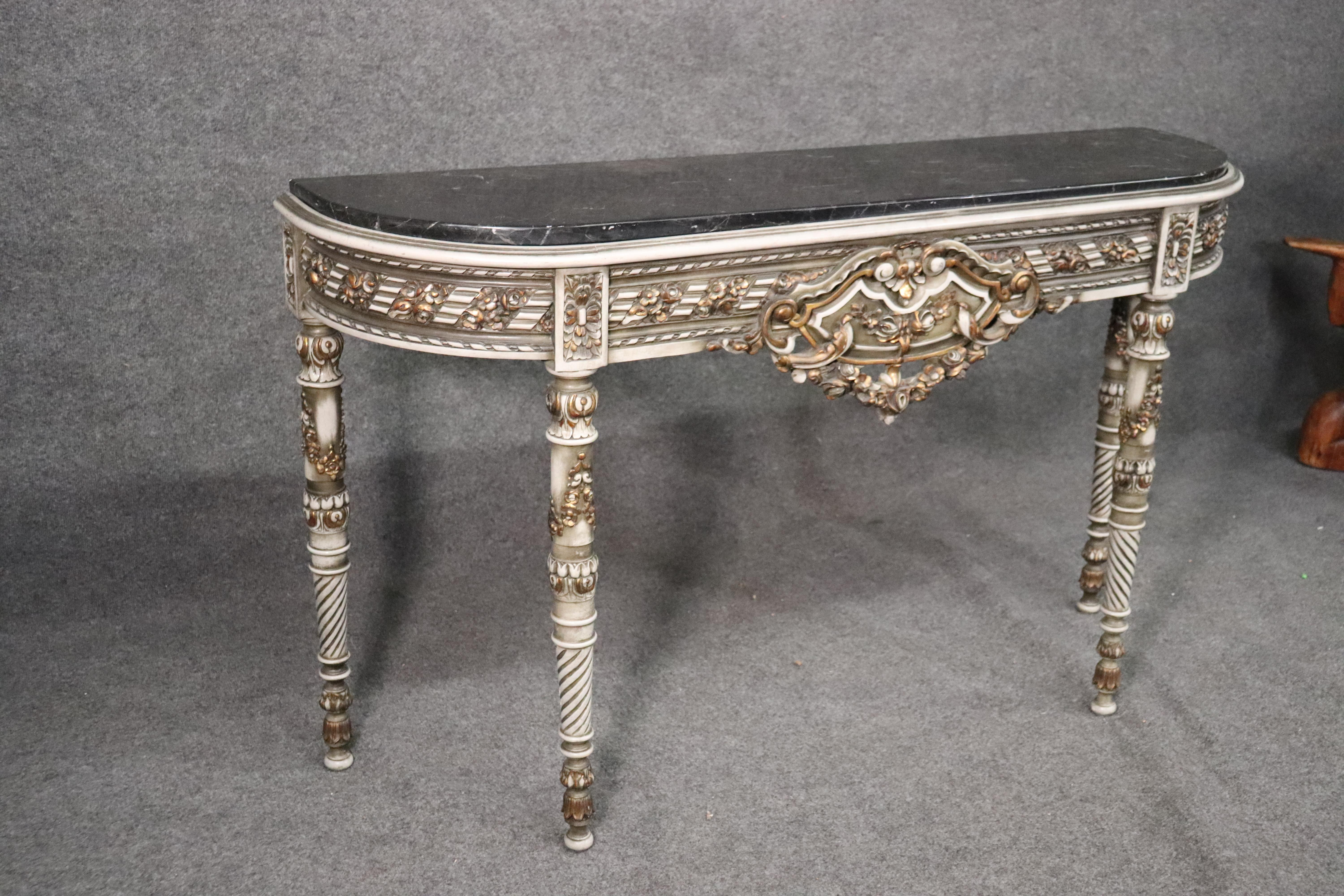 Paint Decorated Gilded Marble Top French Louis XVI Console Sofa Table In Good Condition In Swedesboro, NJ