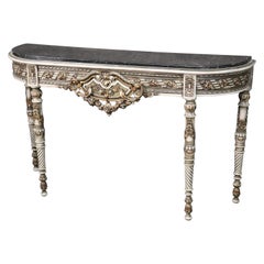 Paint Decorated Gilded Marble Top French Louis XVI Console Sofa Table