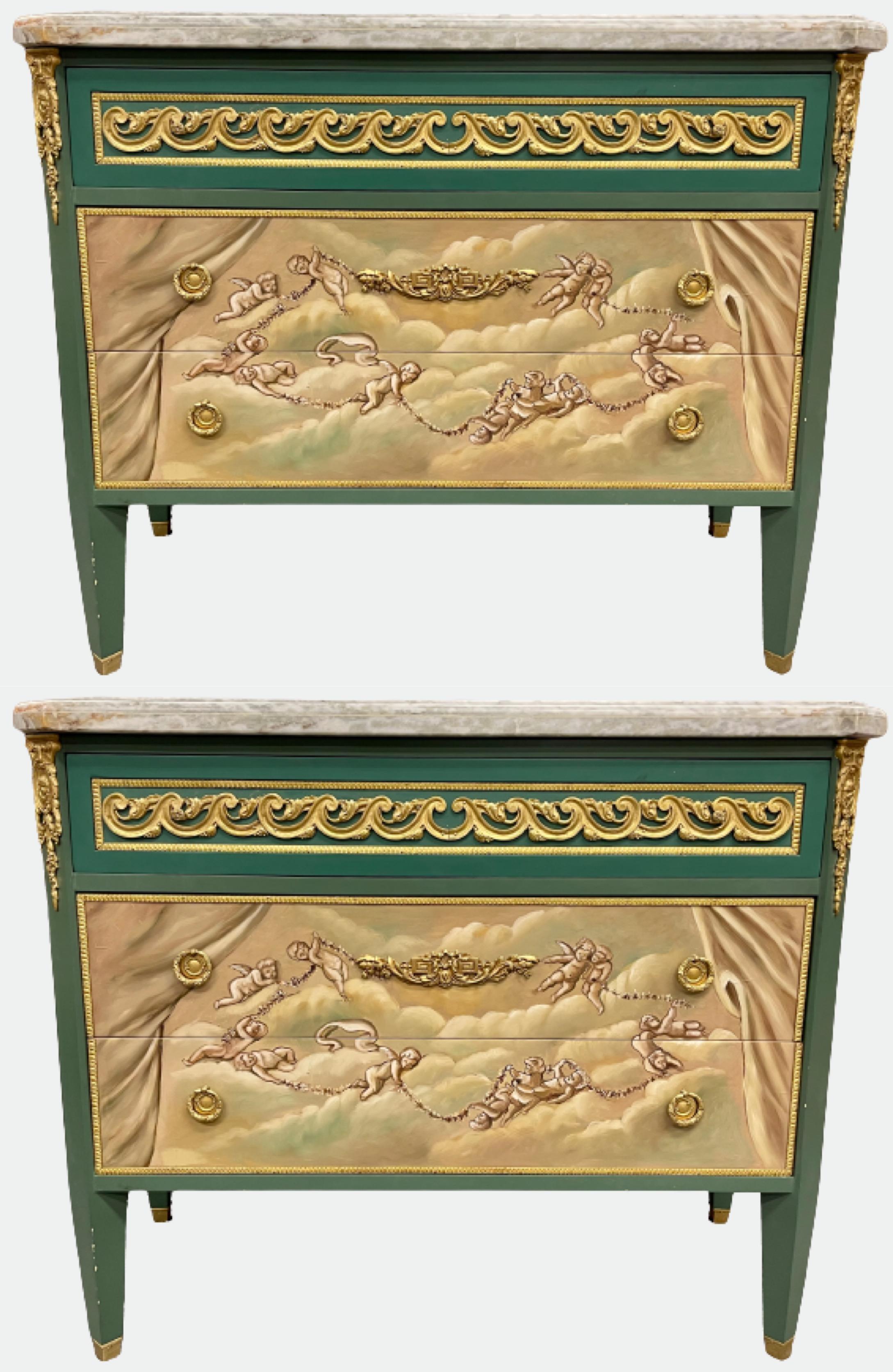 Pair of paint decorated Hollywood Regency marble-top bronze mounted commodes. The green painted case with fine bronze mounts having three graduating drawers. The two bronze framed lower drawers with scenes of putti dancing in the clouds under a