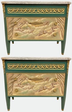 Hollywood Regency, Commodes, Green Painted Wood, Marble, Bronze, 1960s