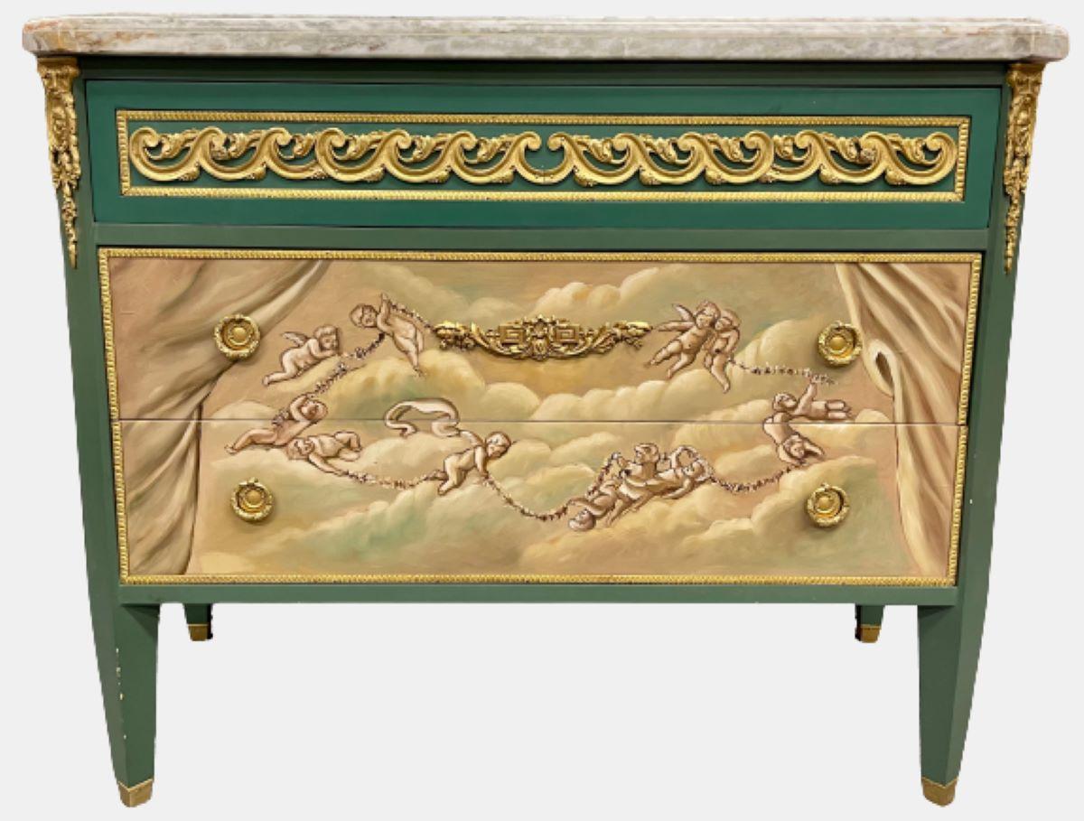 Neoclassical Hollywood Regency, Commodes, Green Painted Wood, Marble, Bronze, 1960s For Sale