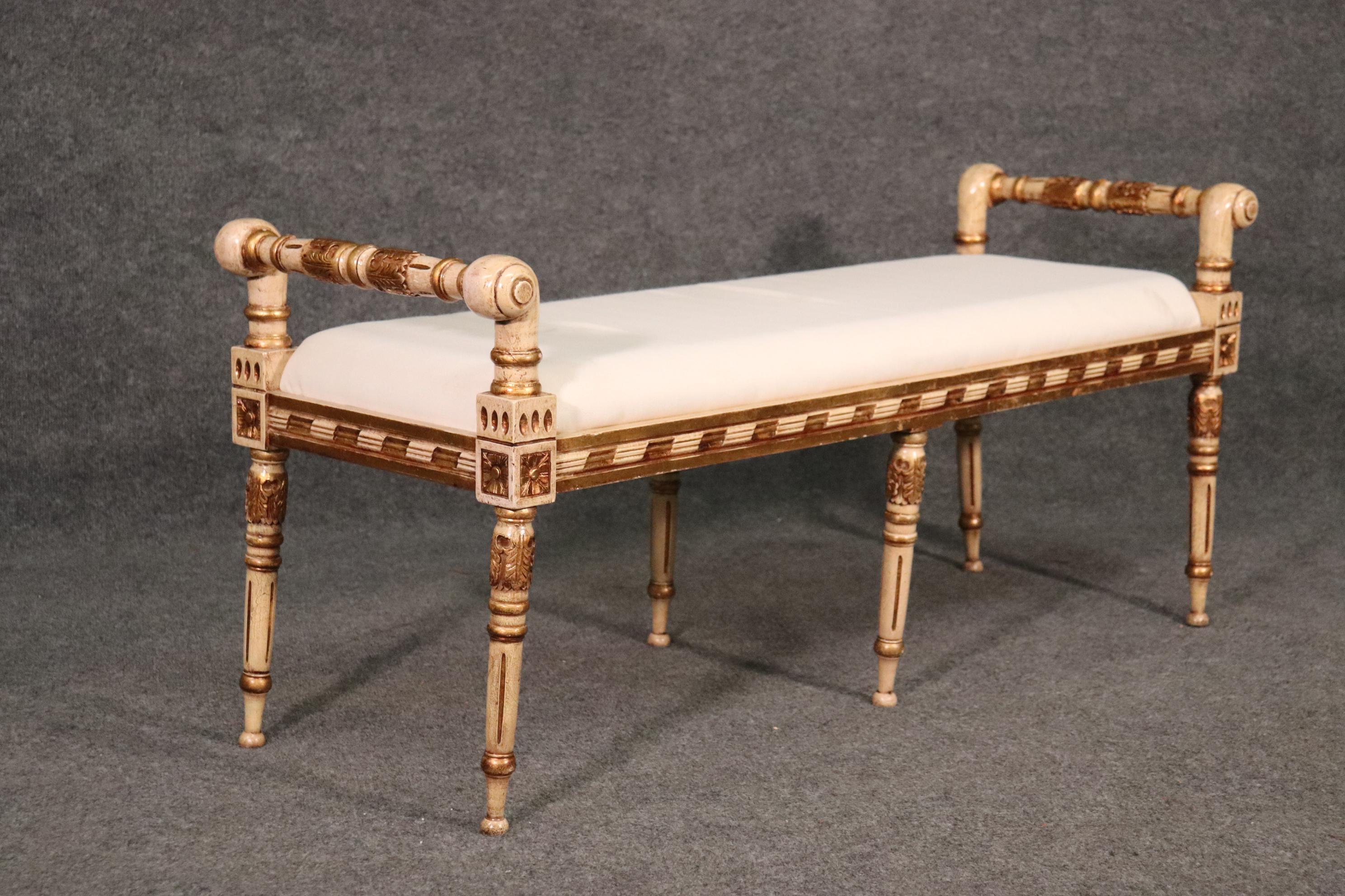 This is a pretty bench. The bench needs the legs tightened up straight but we will do it for you. The bench measures 48 wide x 16 deep x 21 tall and the seat height is 17 inches.
