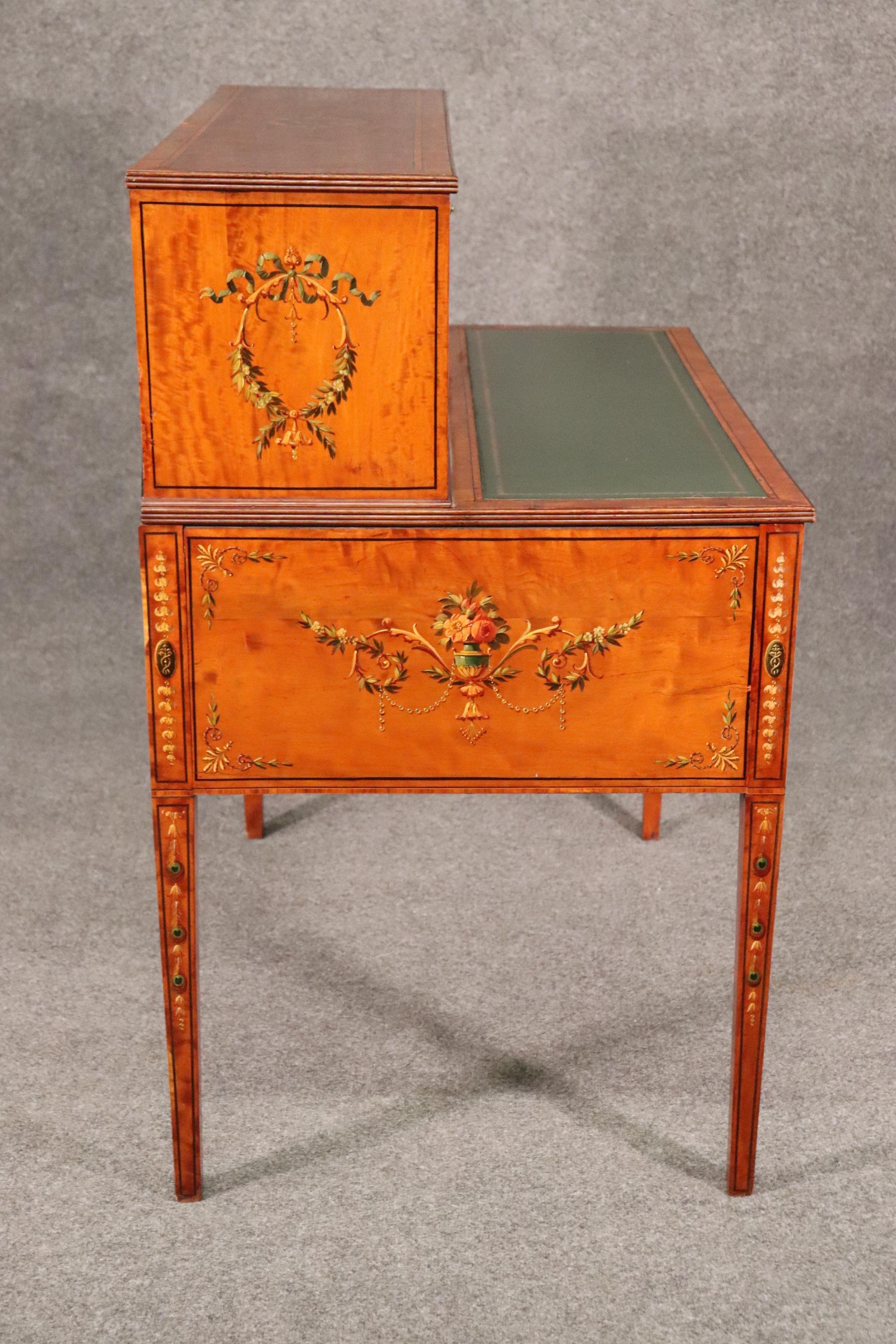 Paint Decorated Satinwood English Adams Writing Desk with Leather Top, C1910 For Sale 5