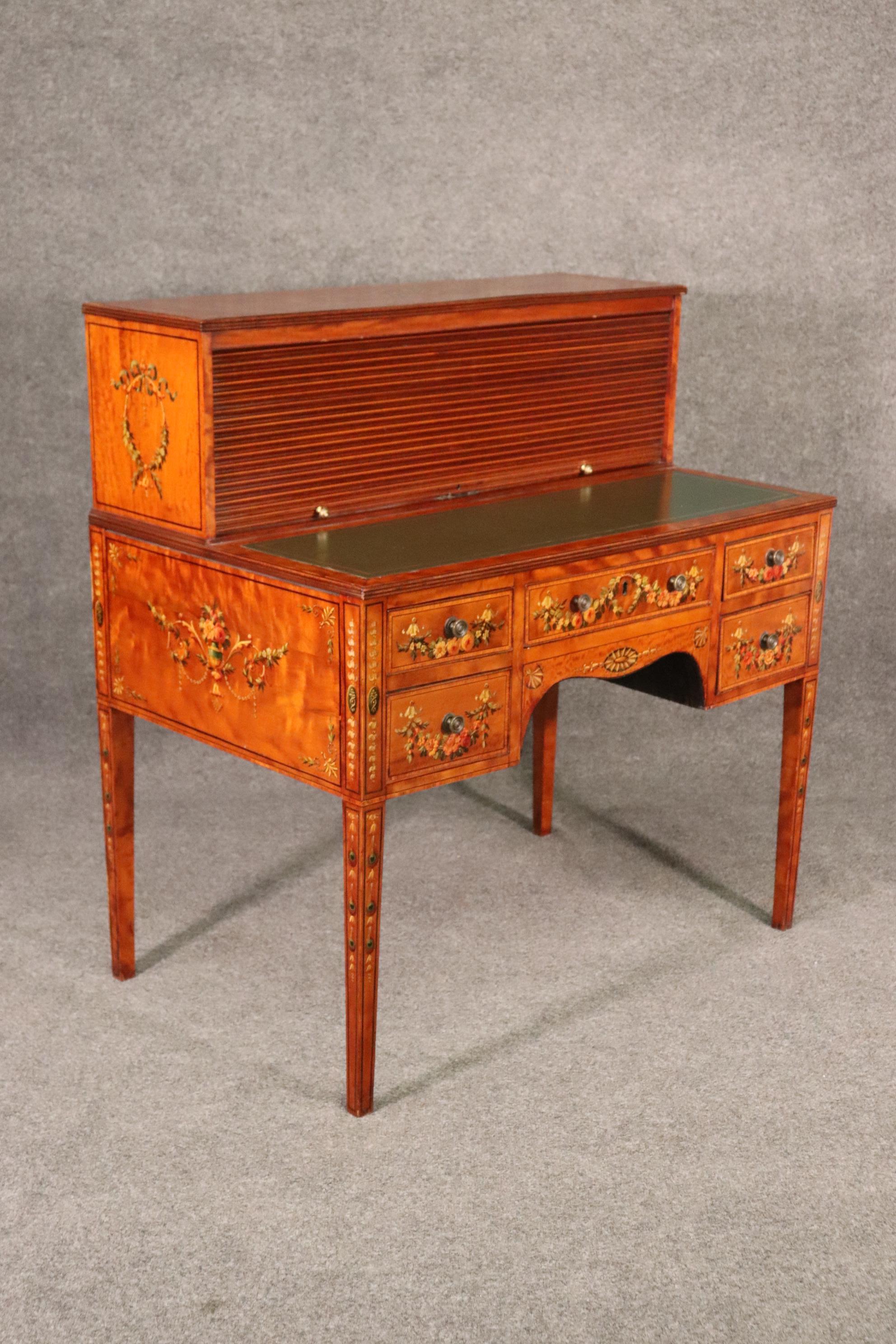 Paint Decorated Satinwood English Adams Writing Desk with Leather Top, C1910 For Sale 6