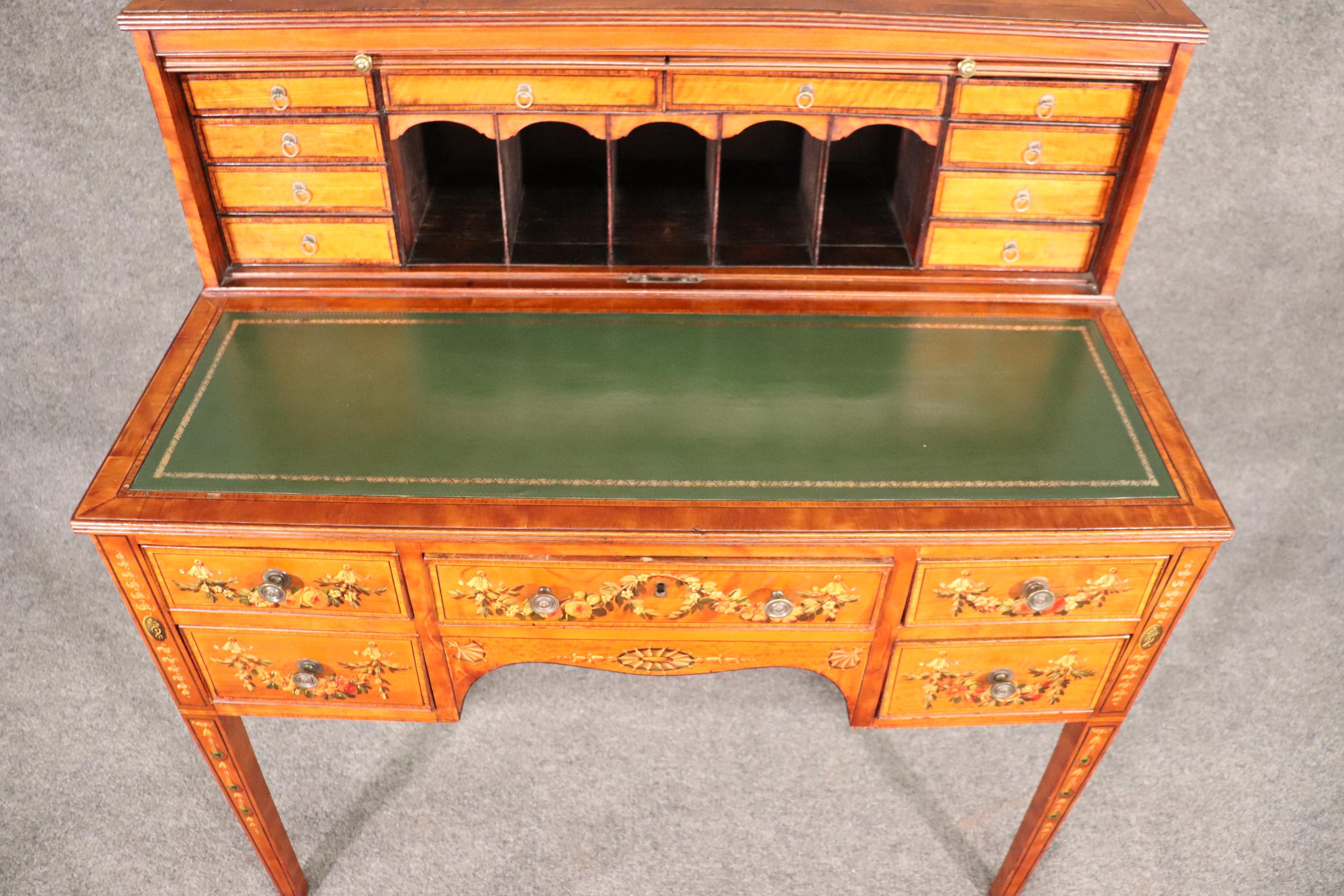 Paint Decorated Satinwood English Adams Writing Desk with Leather Top, C1910 For Sale 9