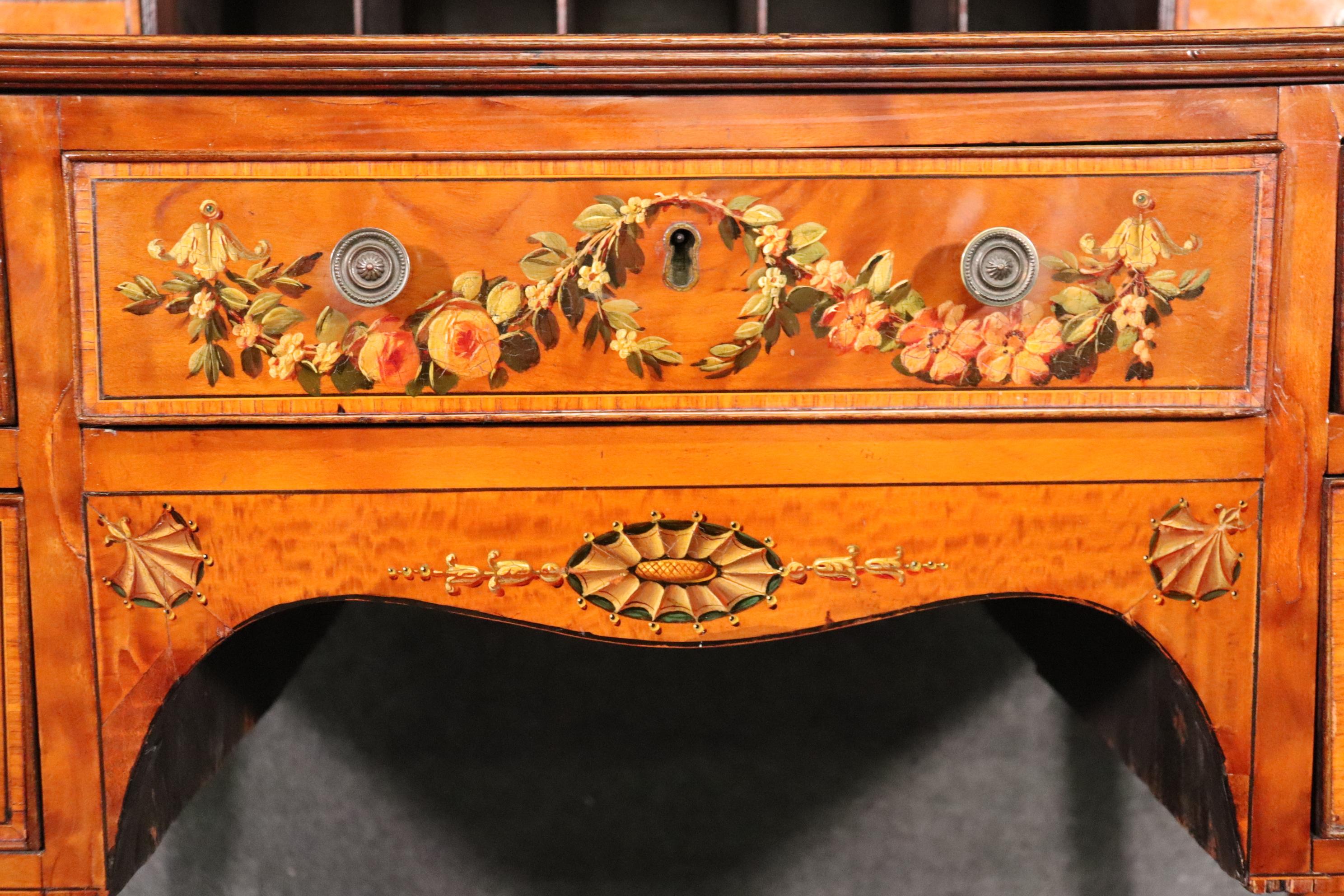 Paint Decorated Satinwood English Adams Writing Desk with Leather Top, C1910 For Sale 10