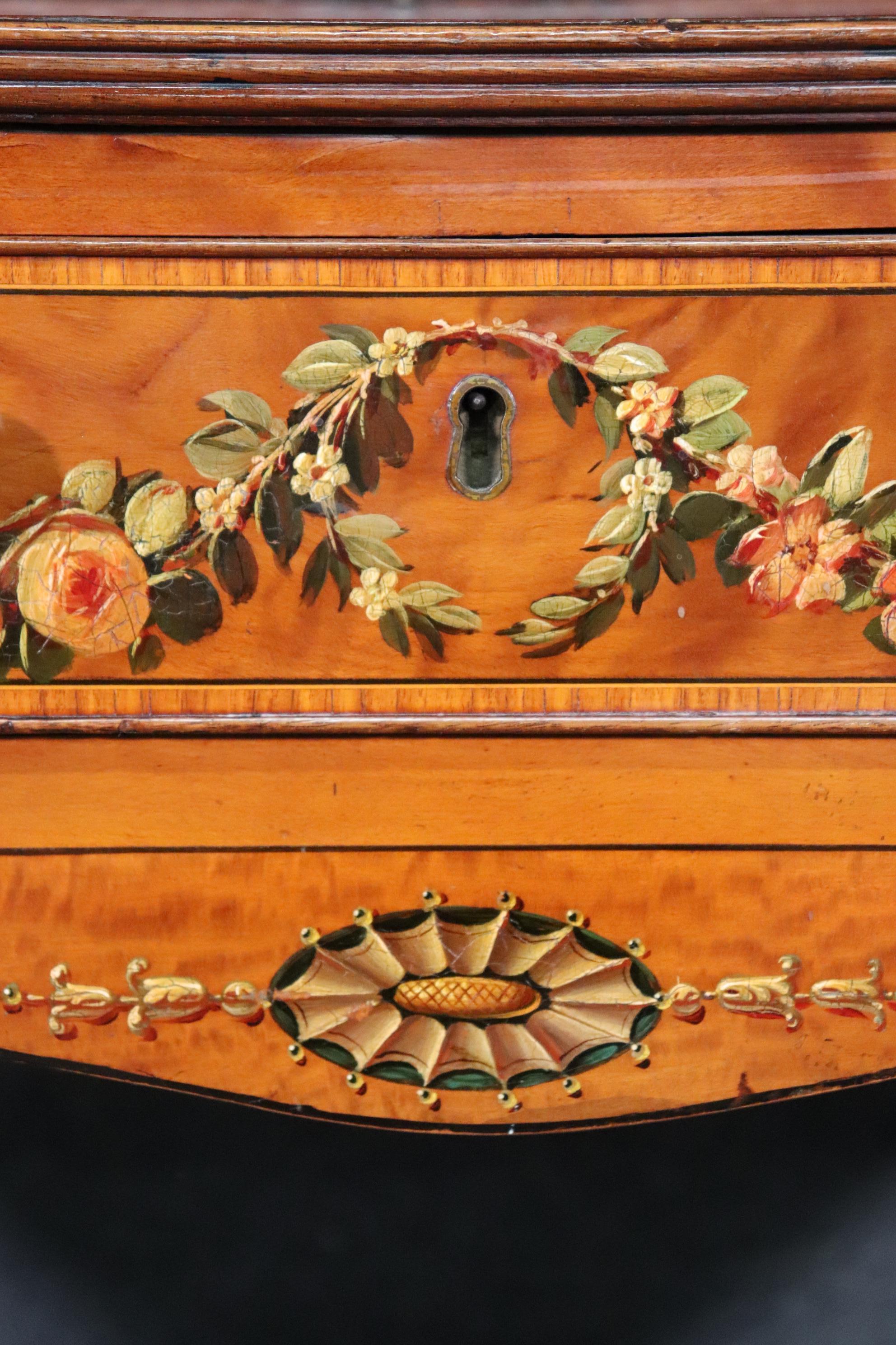 Paint Decorated Satinwood English Adams Writing Desk with Leather Top, C1910 For Sale 11