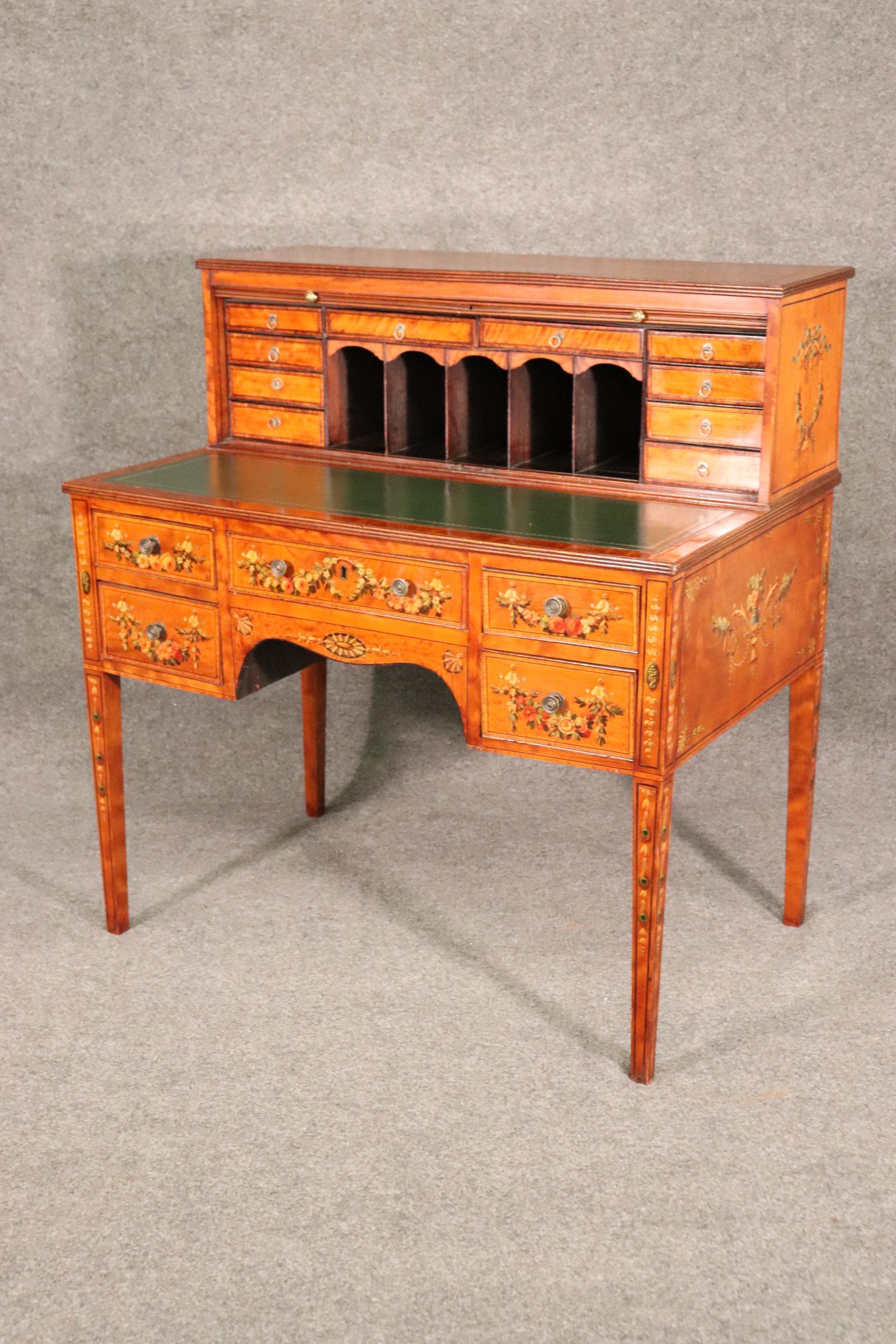 Adam Style Paint Decorated Satinwood English Adams Writing Desk with Leather Top, C1910 For Sale