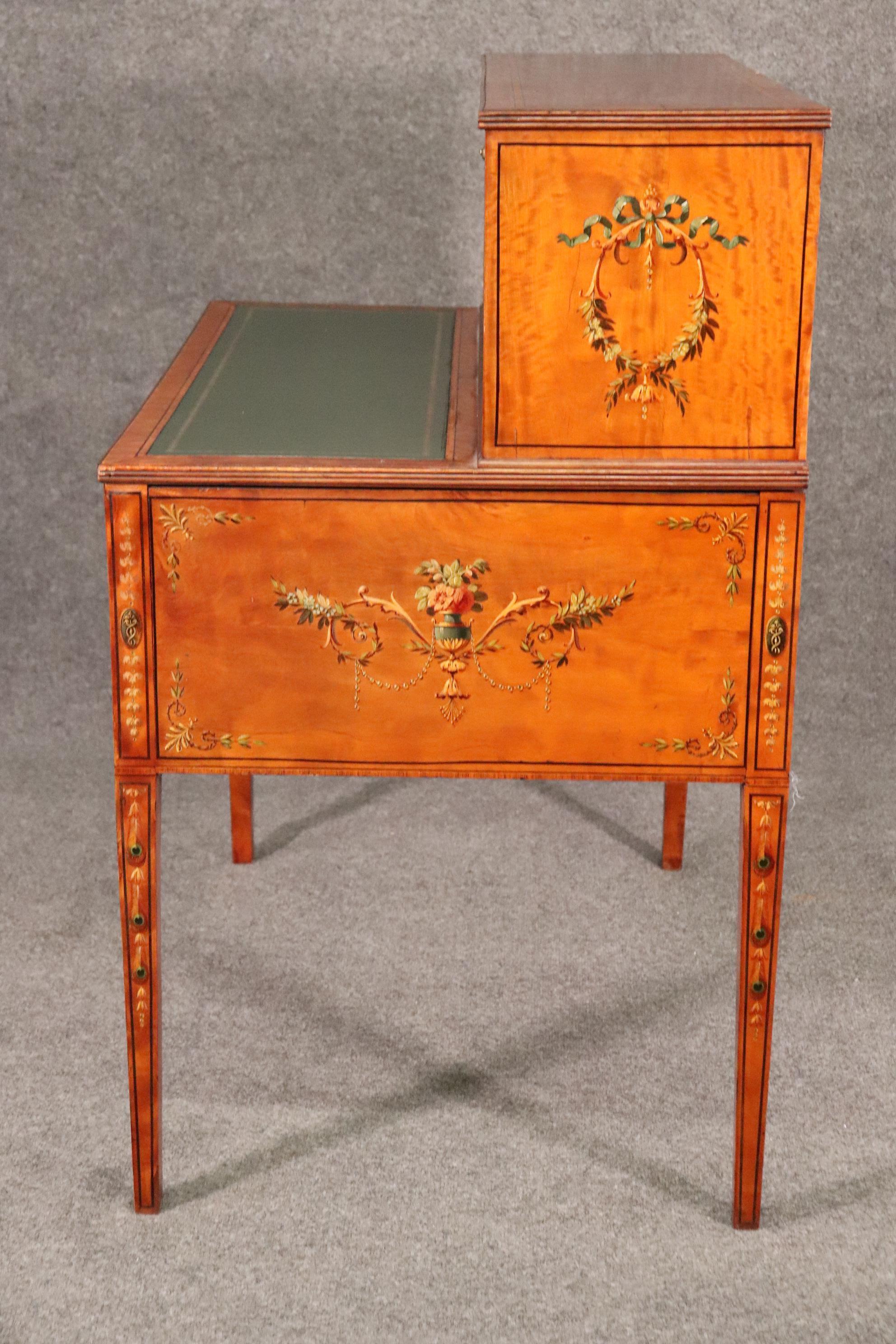 Paint Decorated Satinwood English Adams Writing Desk with Leather Top, C1910 In Good Condition For Sale In Swedesboro, NJ