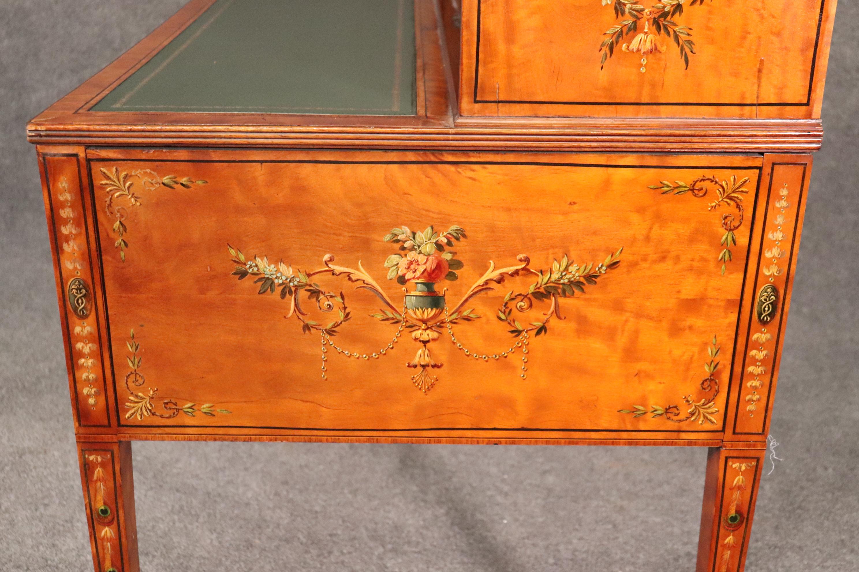 Early 20th Century Paint Decorated Satinwood English Adams Writing Desk with Leather Top, C1910 For Sale