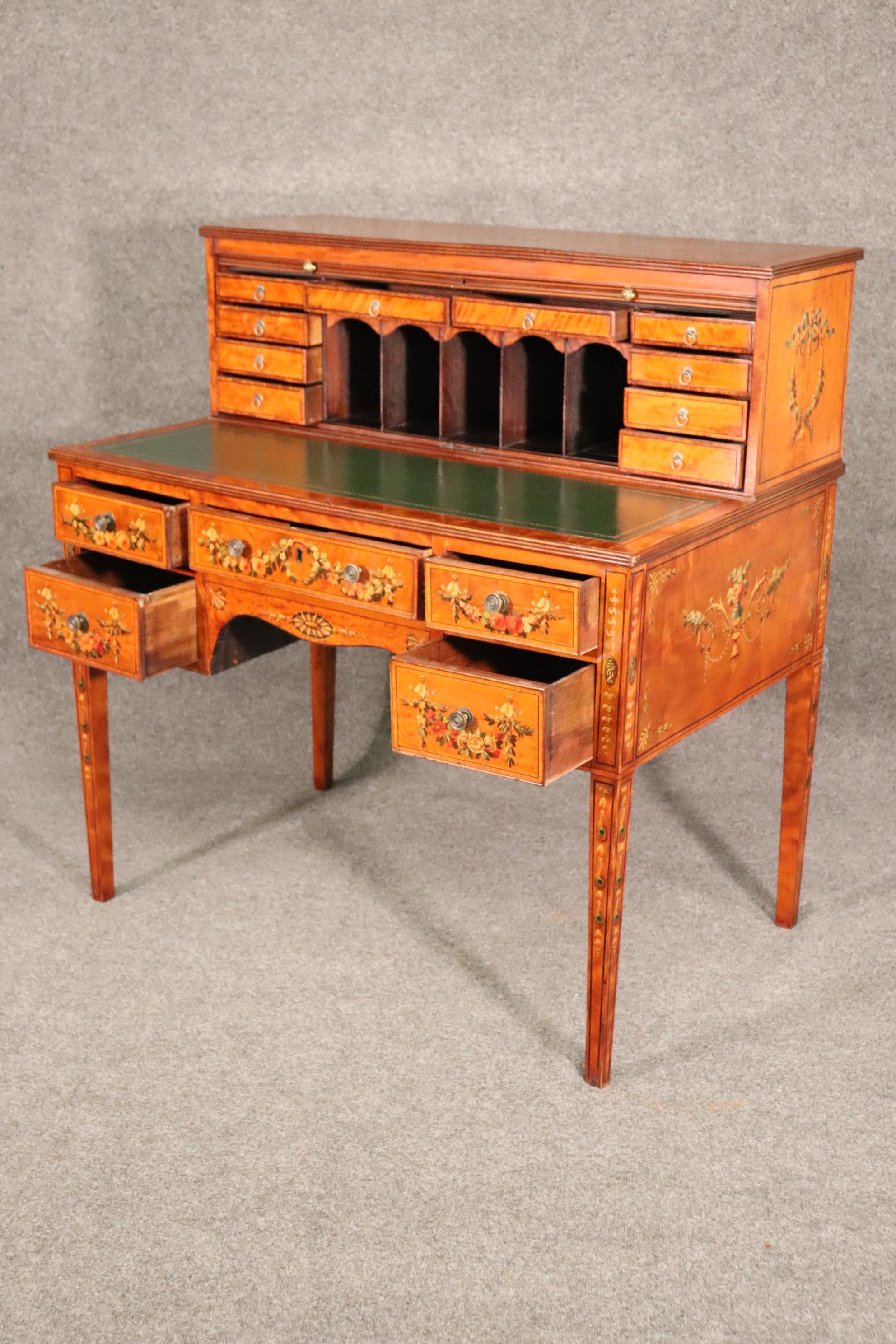 Paint Decorated Satinwood English Adams Writing Desk with Leather Top, C1910 For Sale 1