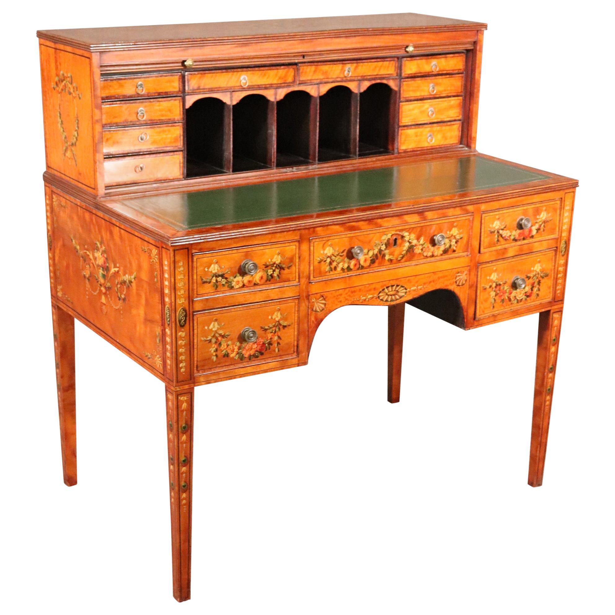 Paint Decorated Satinwood English Adams Writing Desk with Leather Top, C1910