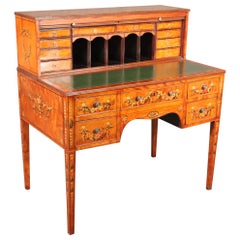 Antique Paint Decorated Satinwood English Adams Writing Desk with Leather Top, C1910