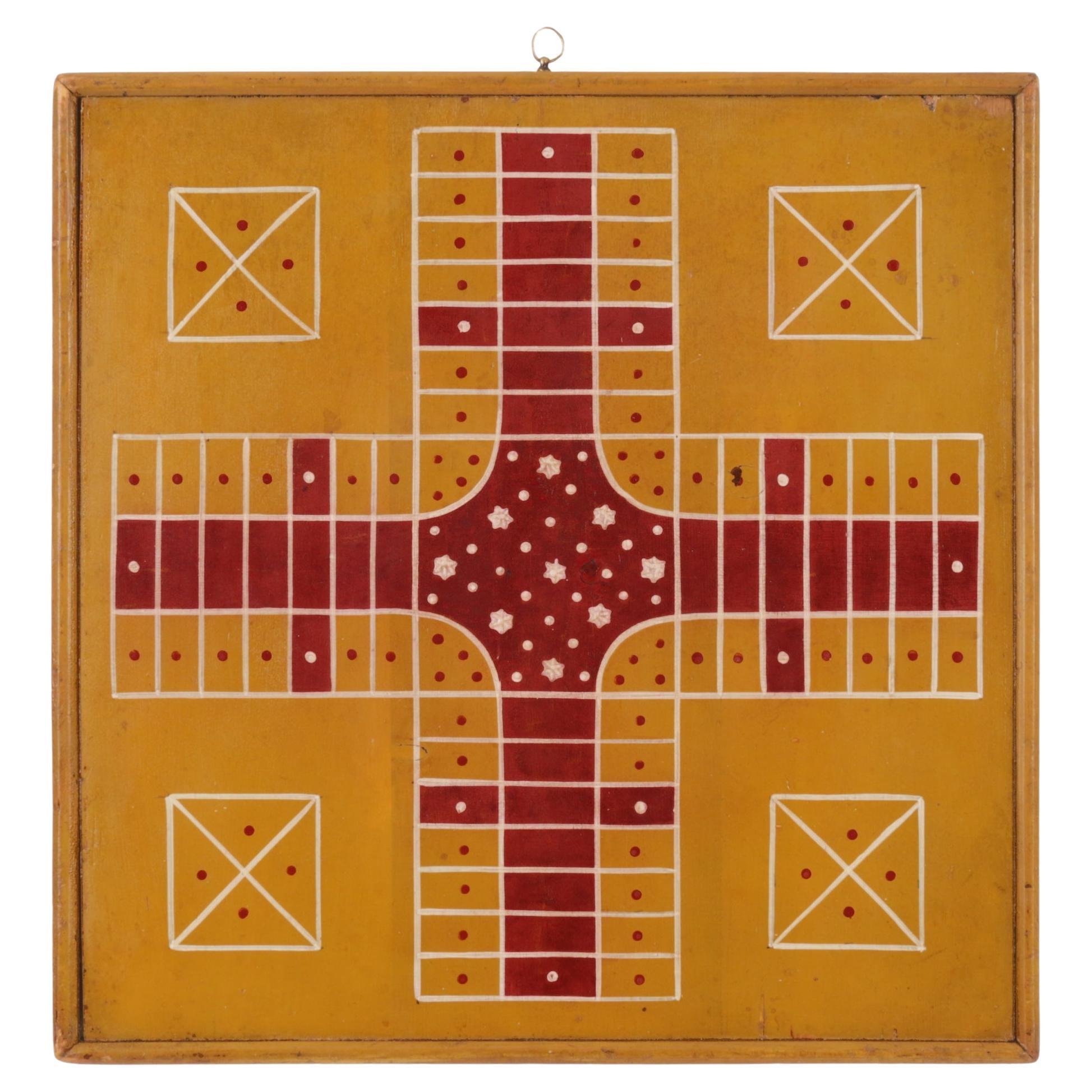 Paint-Decorated "Snowflake" Parcheesi Gameboard, ca 1885 For Sale