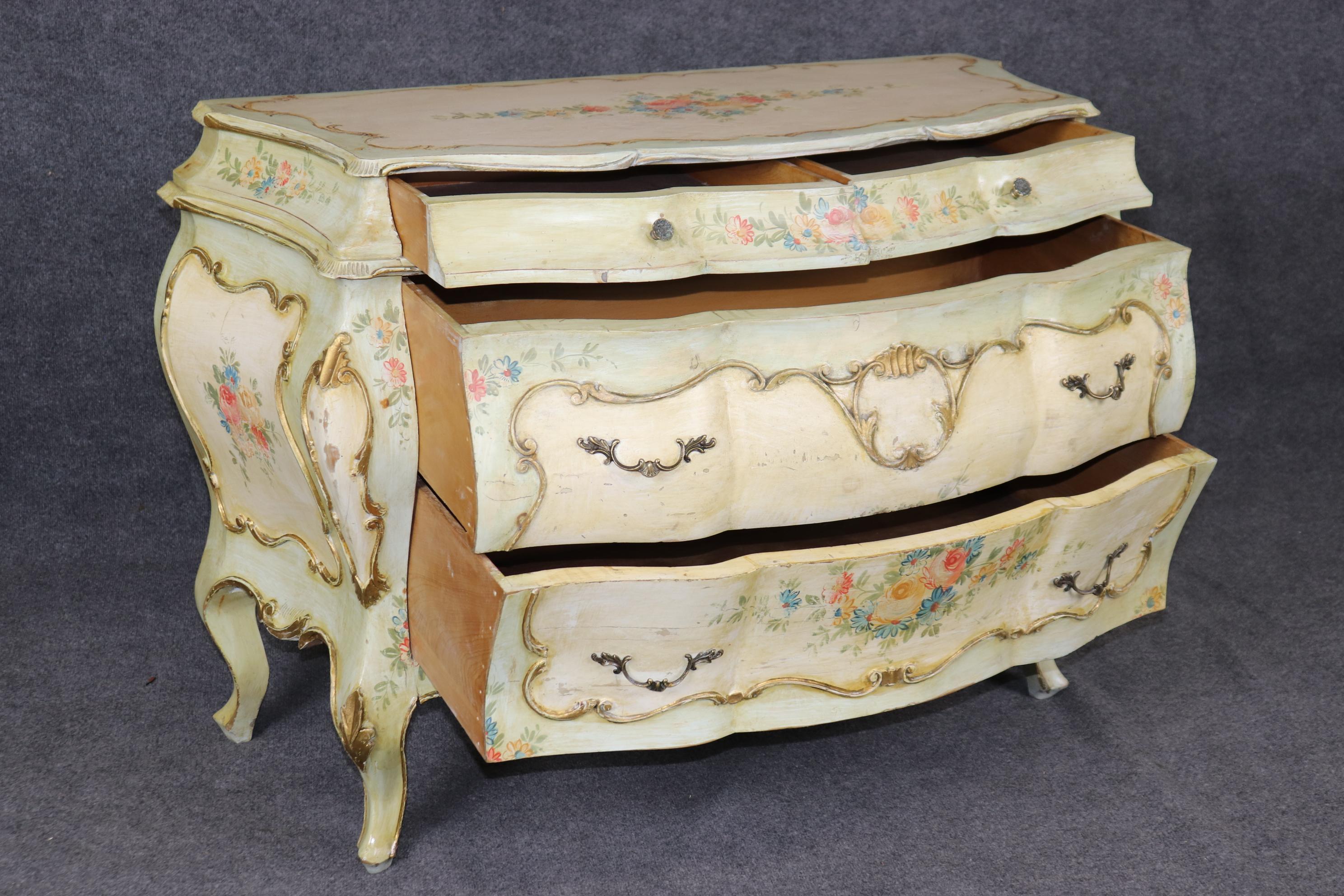 Walnut Paint Decorated Venetian Bombe Italian Commode Dresser Circa 1940