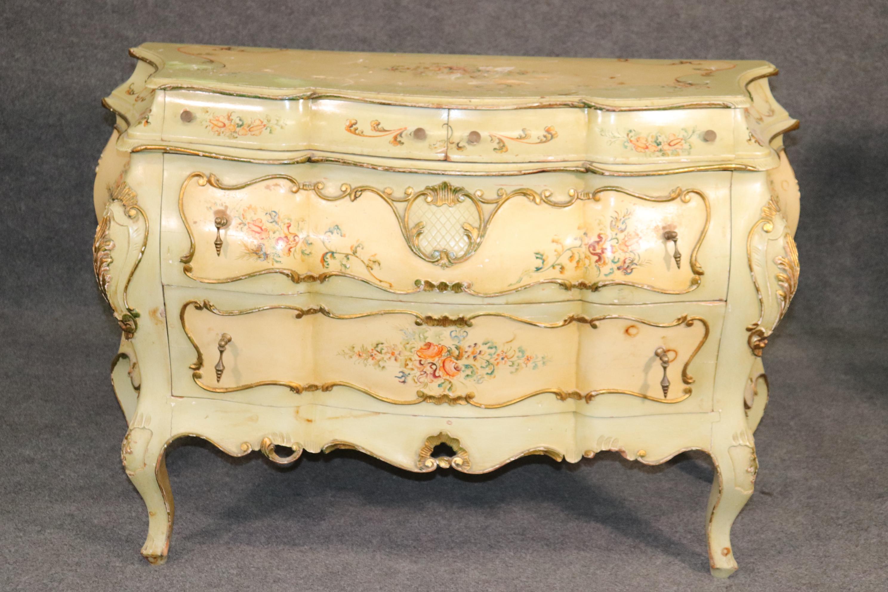 Rococo Revival Paint Decorated Venetian Bombe Rococo Commode, Circa 1920s