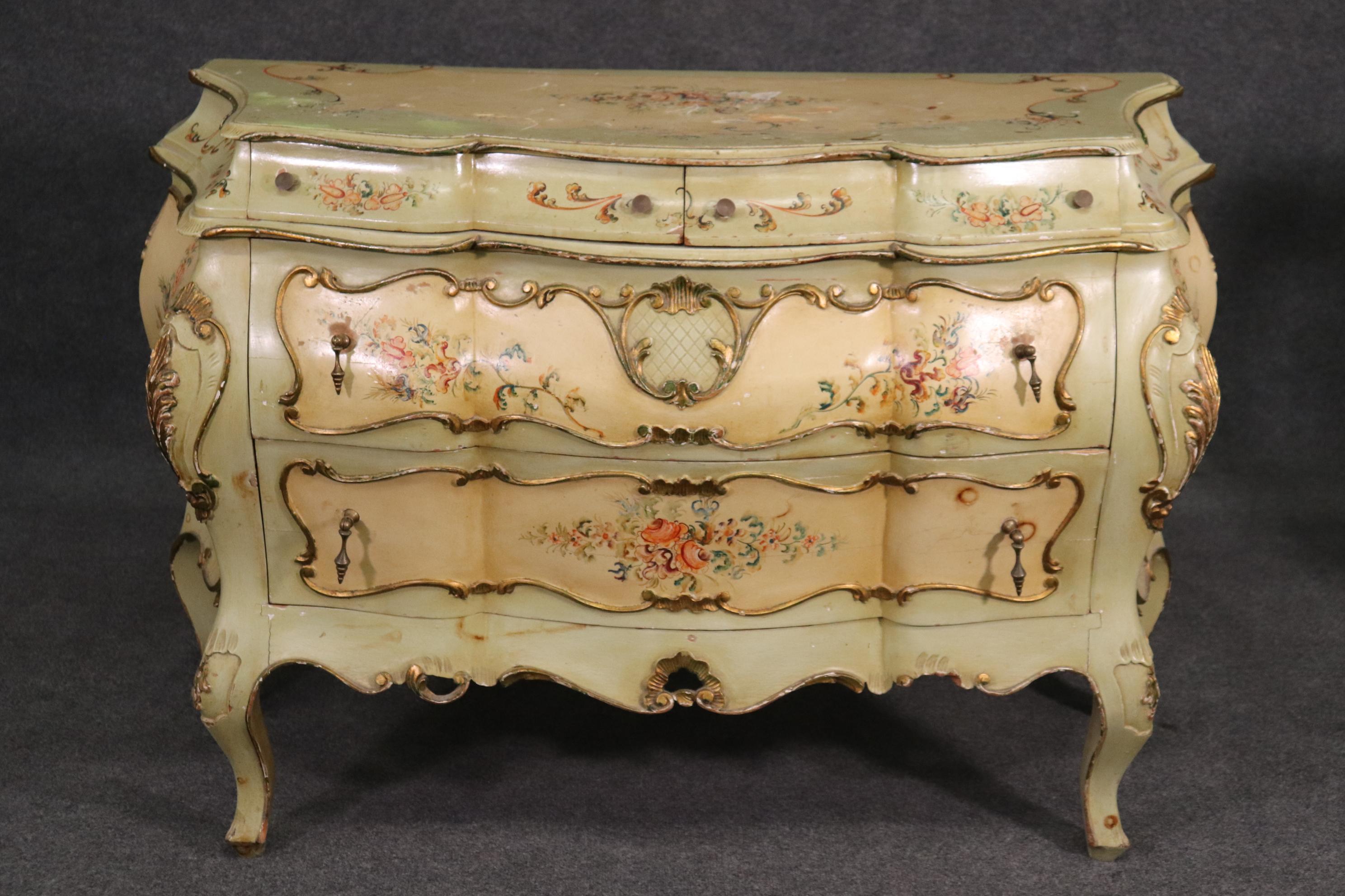 Italian Paint Decorated Venetian Bombe Rococo Commode, Circa 1920s