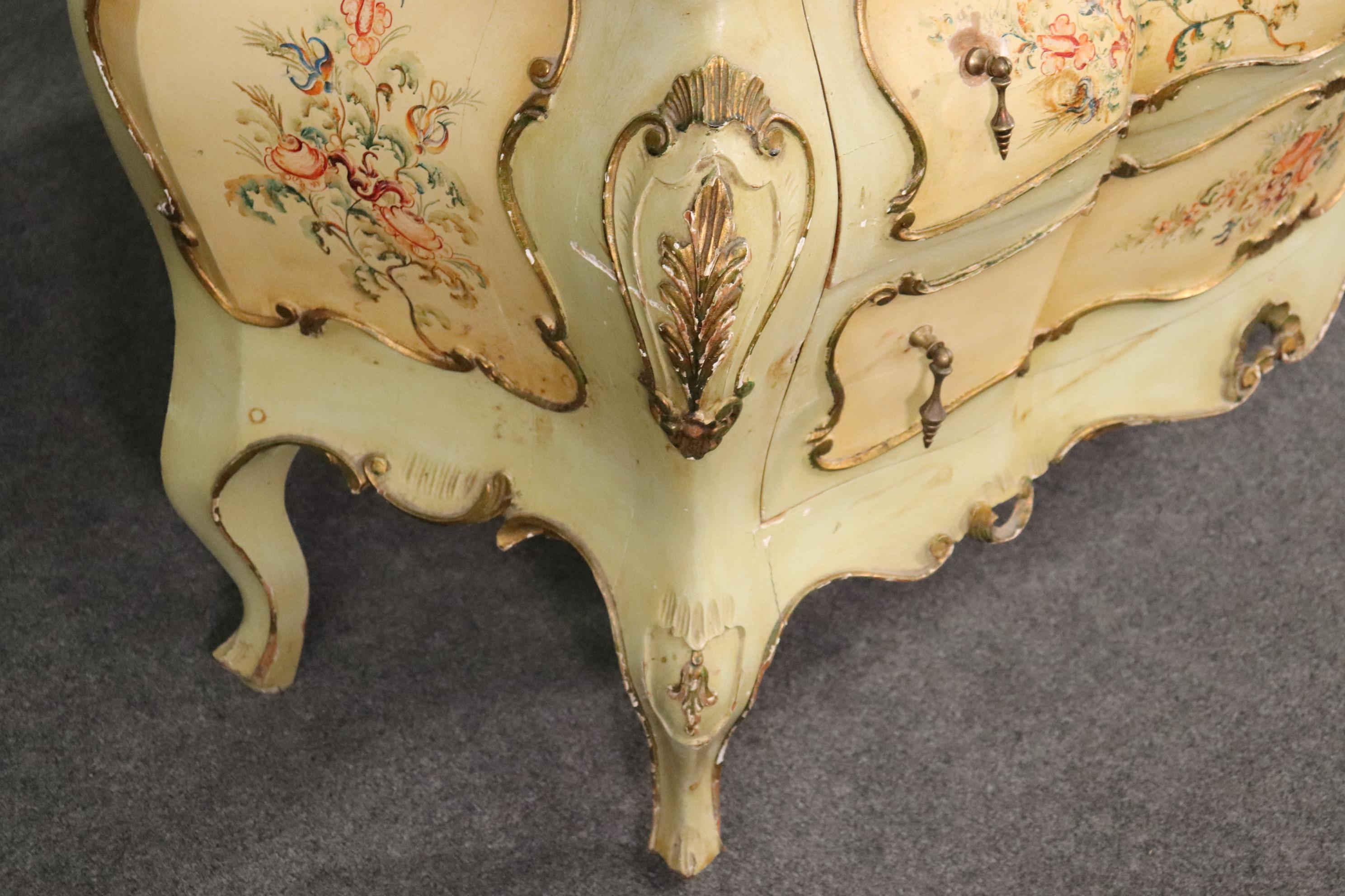 Walnut Paint Decorated Venetian Bombe Rococo Commode, Circa 1920s