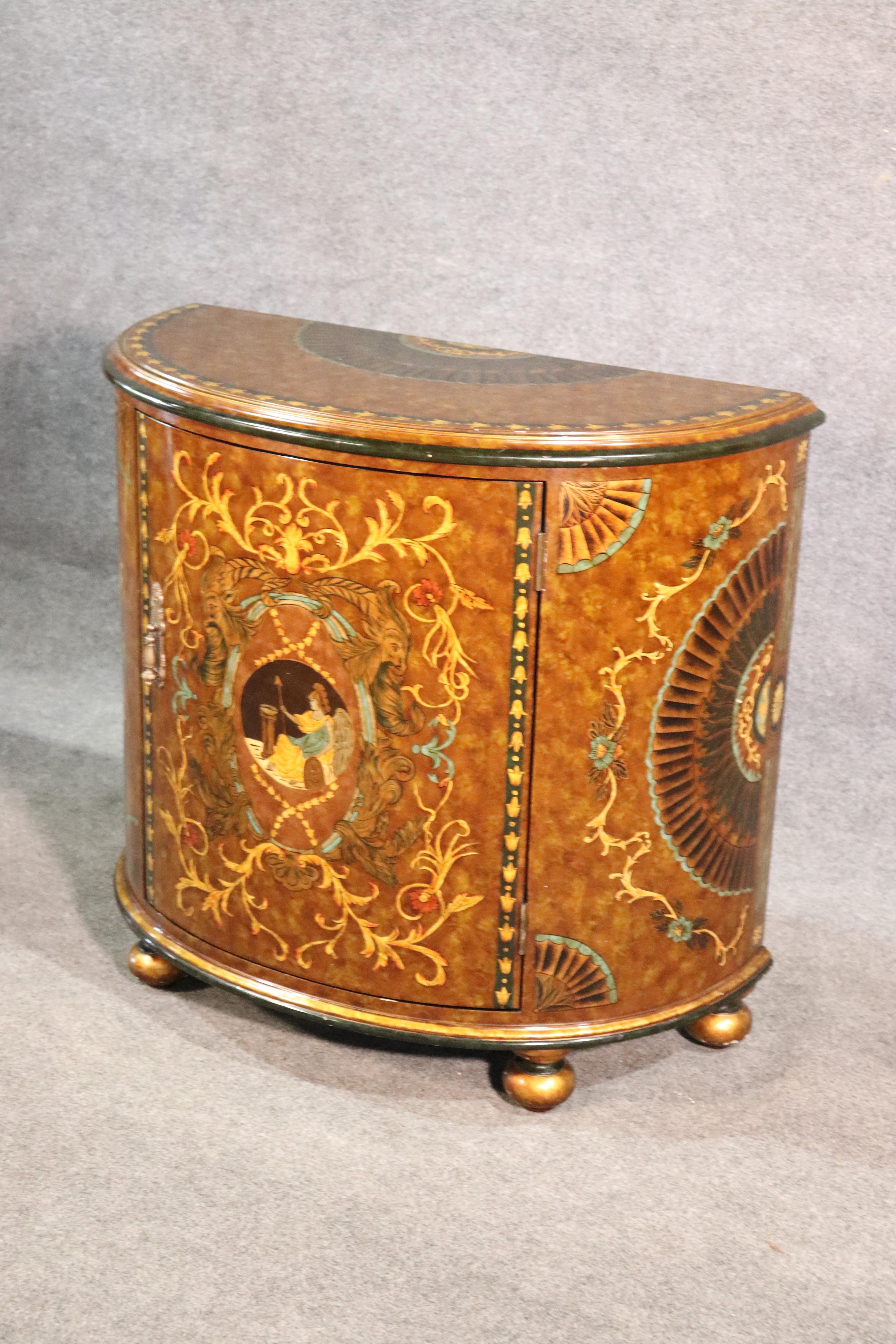 Neoclassical Paint Decorated Venetian Style Demilune Commode Cabinet with Mythical Figures