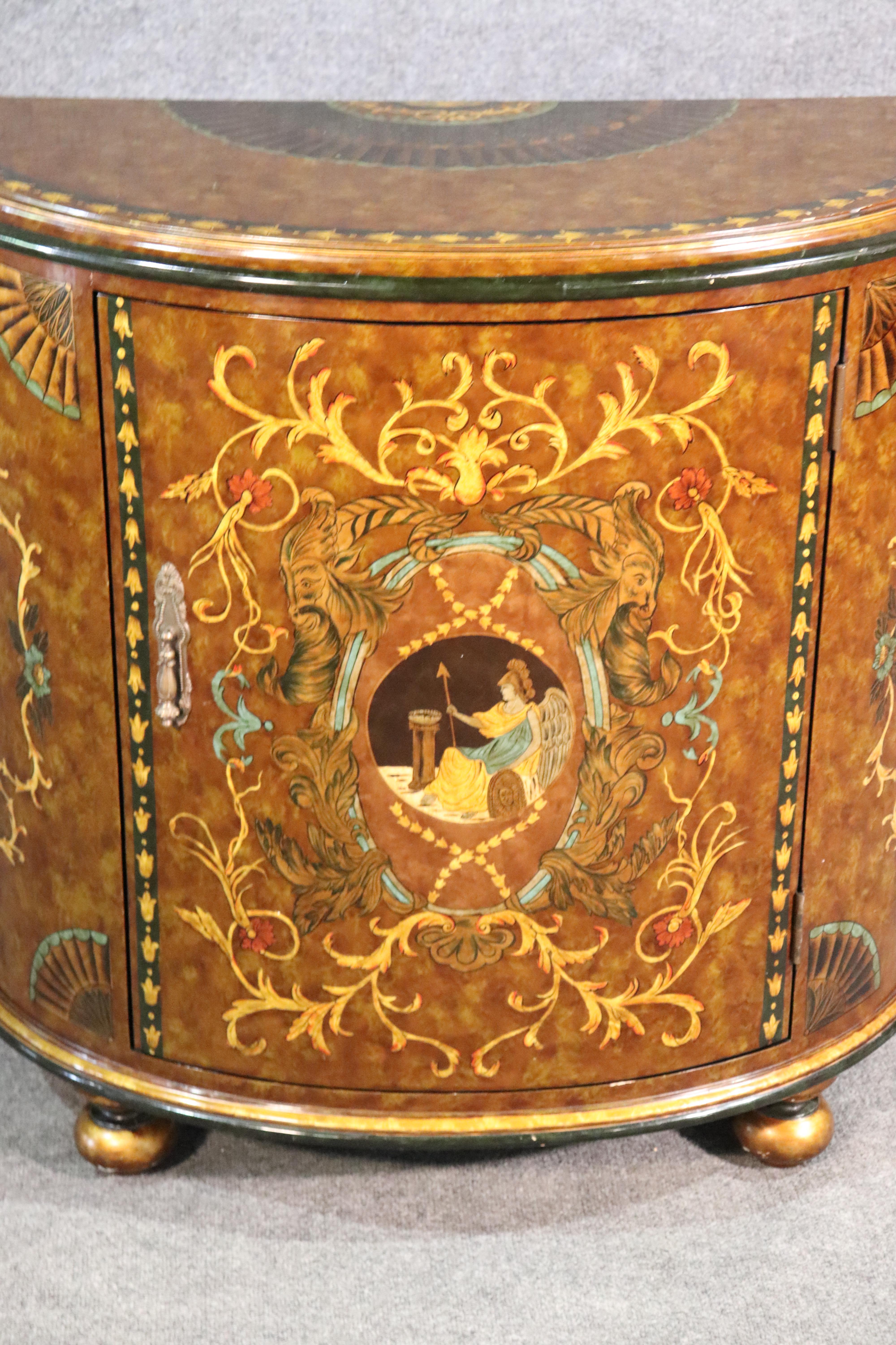Paint Decorated Venetian Style Demilune Commode Cabinet with Mythical Figures In Good Condition In Swedesboro, NJ