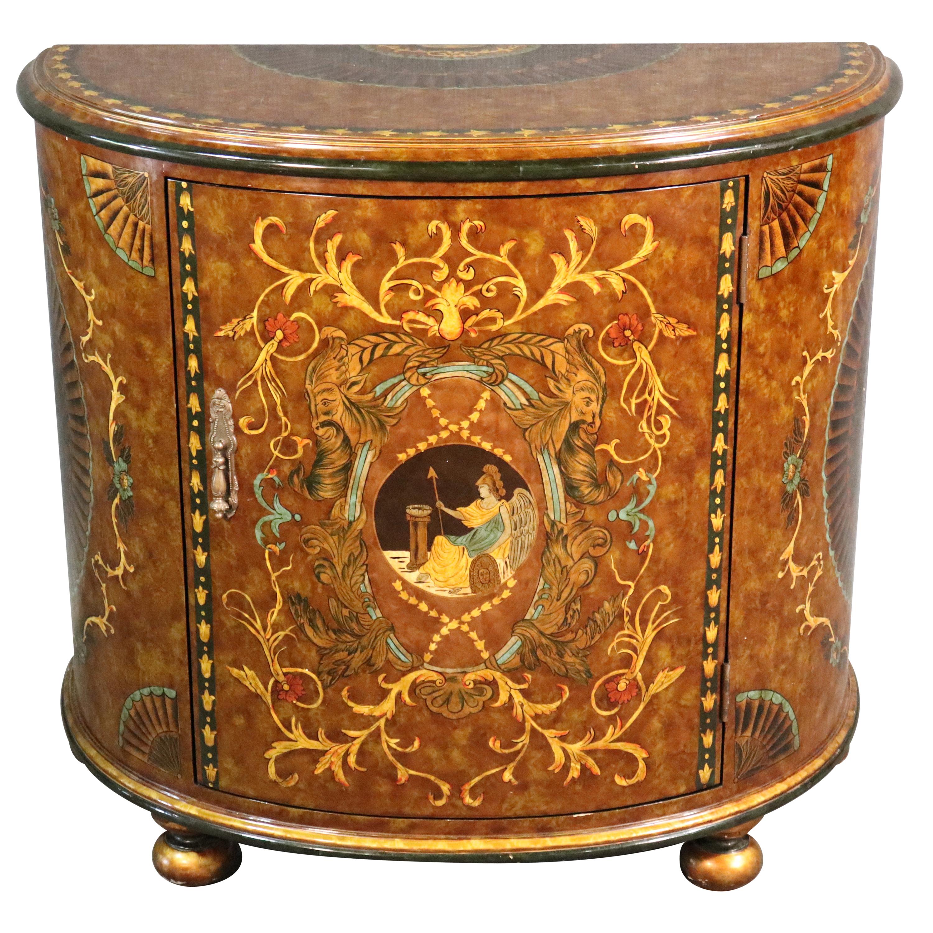 Paint Decorated Venetian Style Demilune Commode Cabinet with Mythical Figures