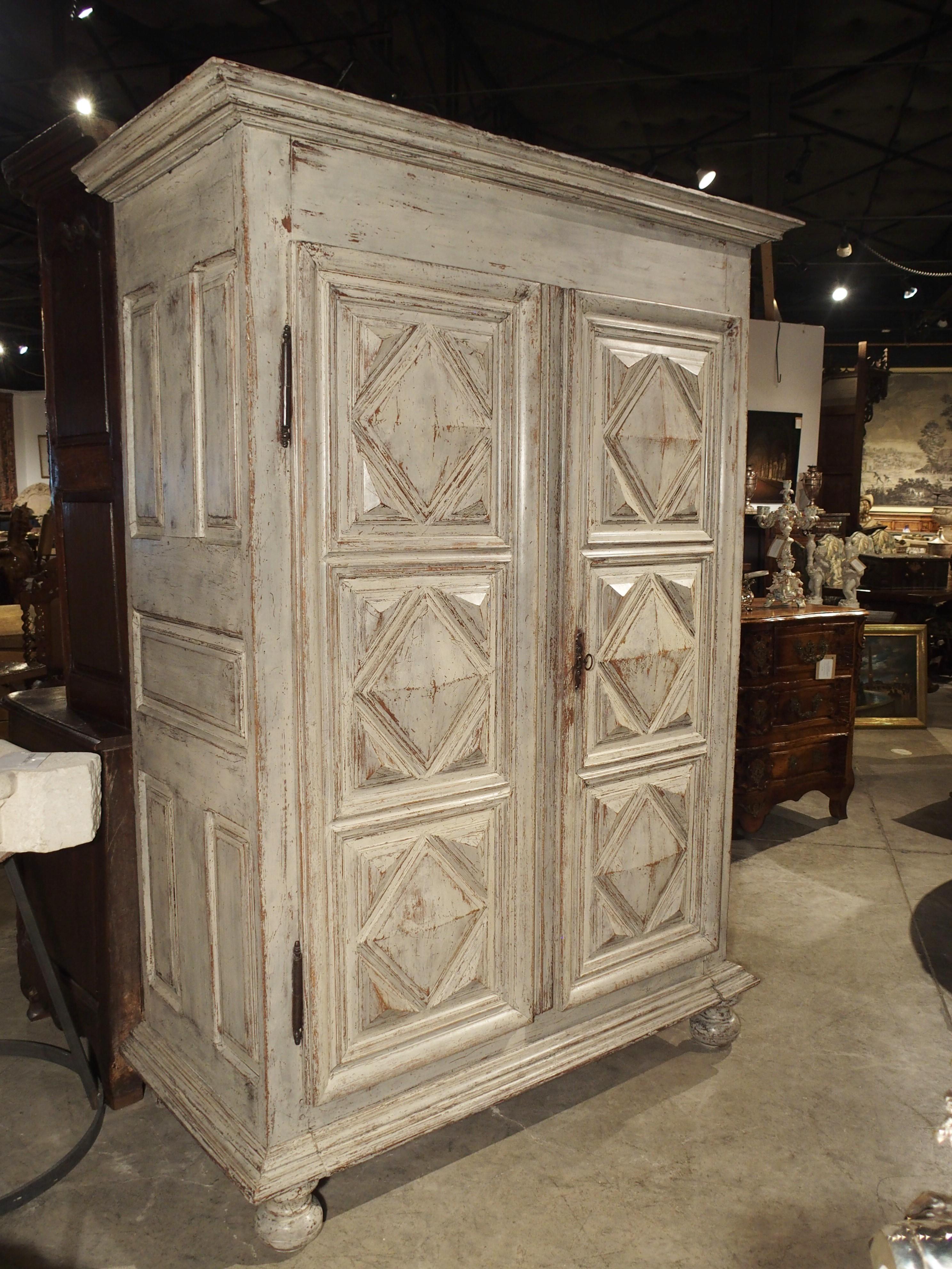Painted 17th Century French Oak Diamond Point Armoire 5