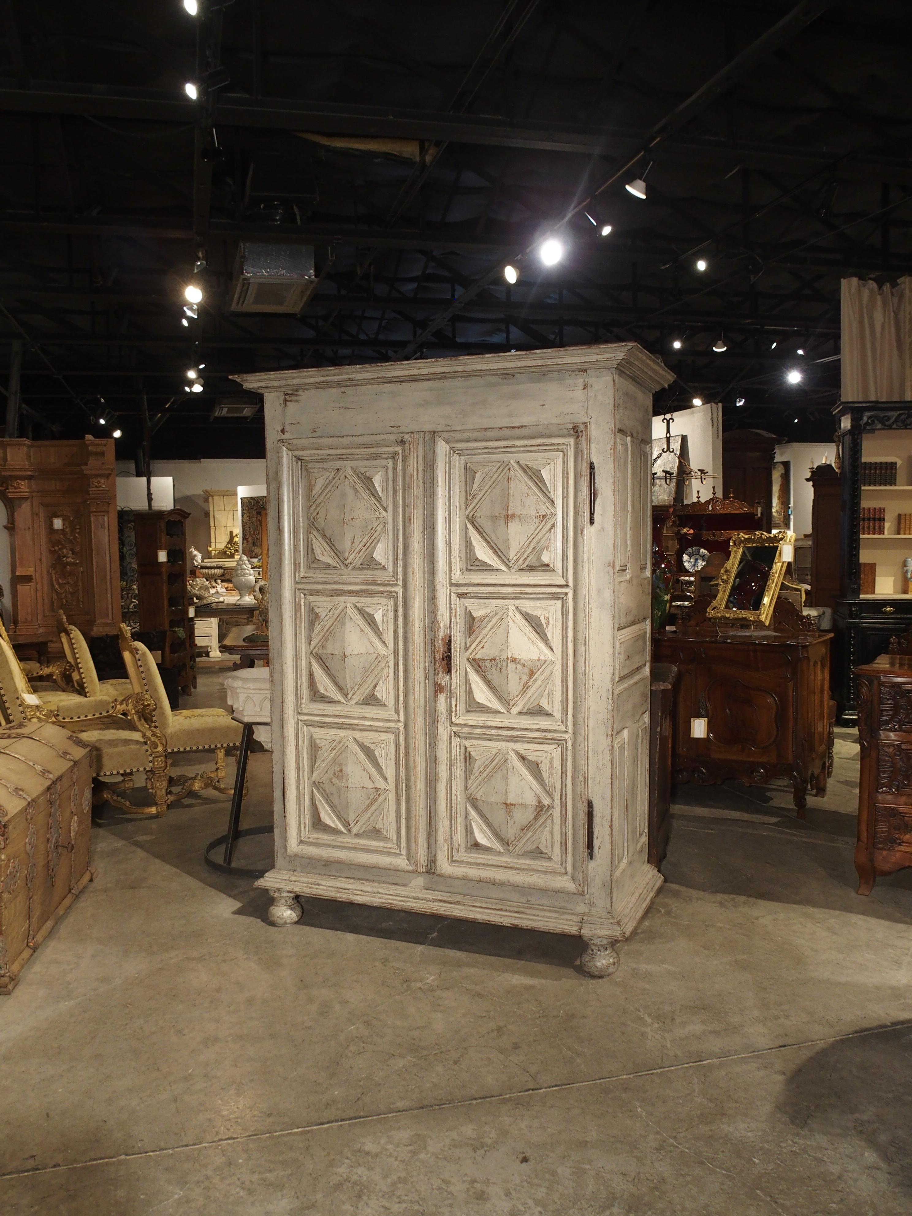 Painted 17th Century French Oak Diamond Point Armoire 11
