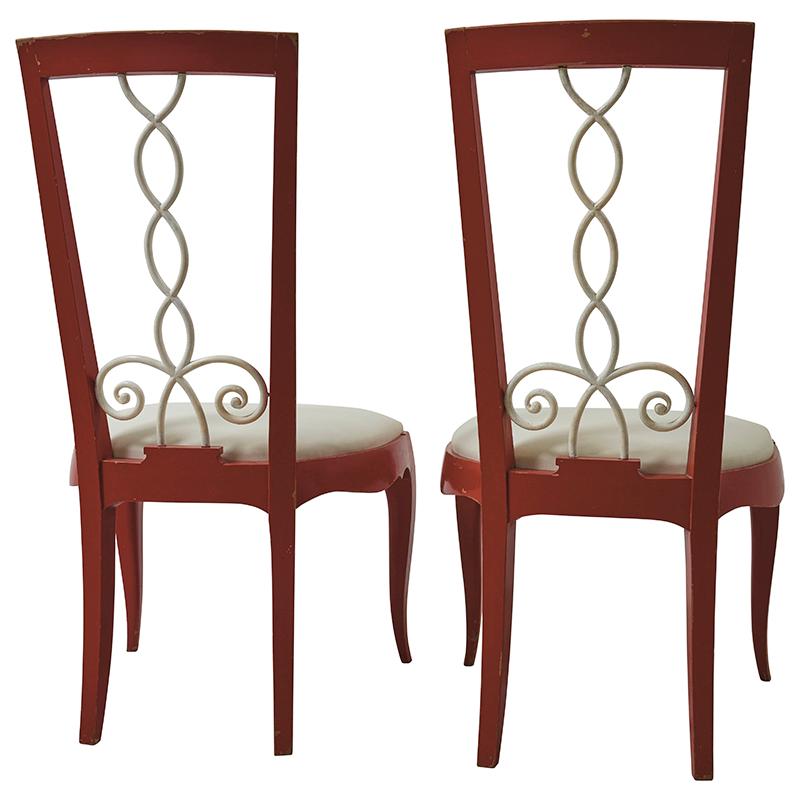 Painted 1940's French Side Chairs upholstered in Schumacher Indoor/Outdoor Vegan Leather (79552).

Since Schumacher was founded in 1889, our family-owned company has been synonymous with style, taste, and innovation. A passion for luxury and an