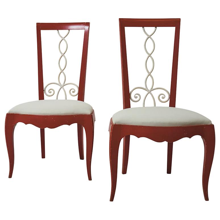 Painted 1940's French Side Chairs Upholstered in Schumacher Fabric
