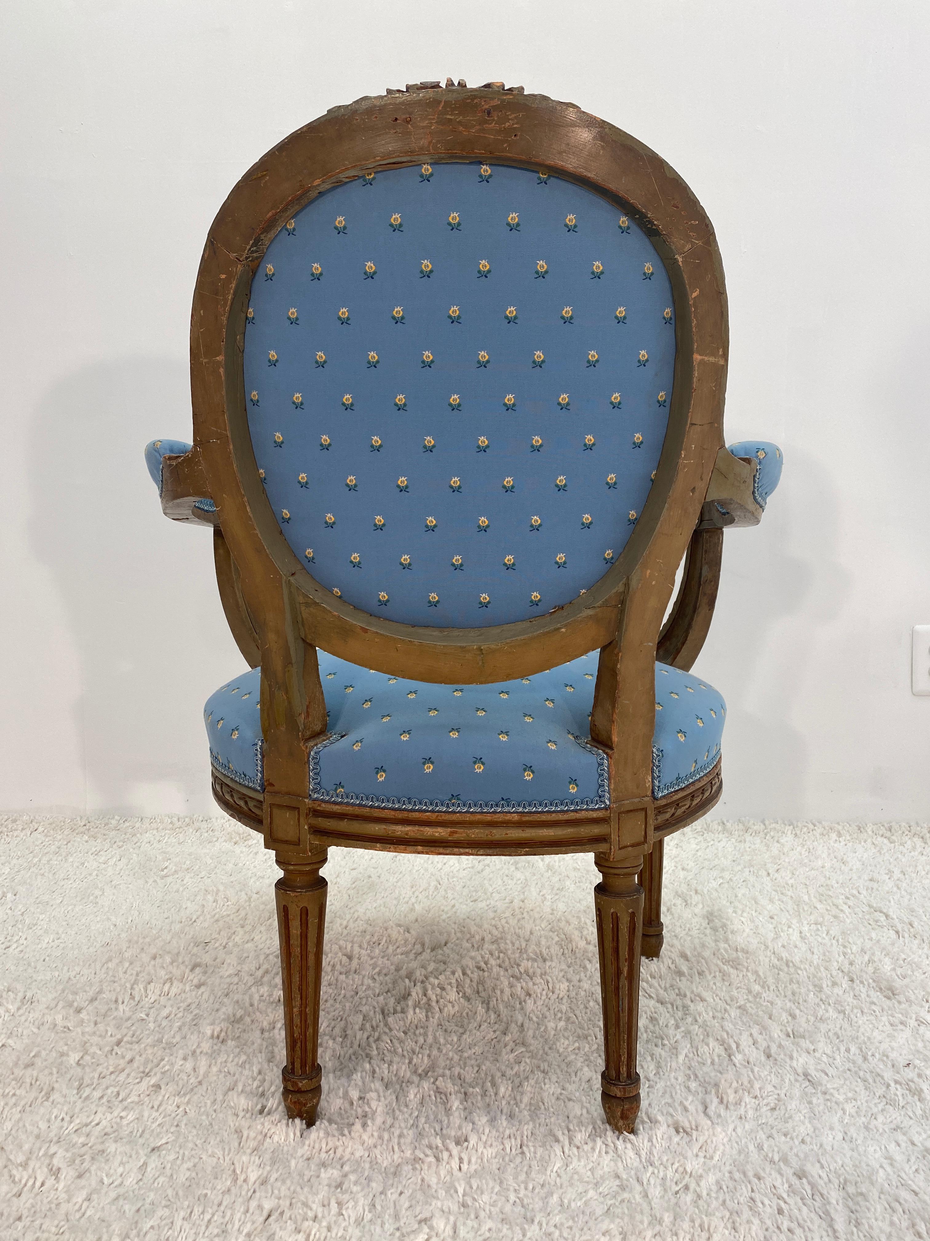 Hand-Carved Painted 19th Century French Louis XVI Style Fauteuil Arm Chair For Sale